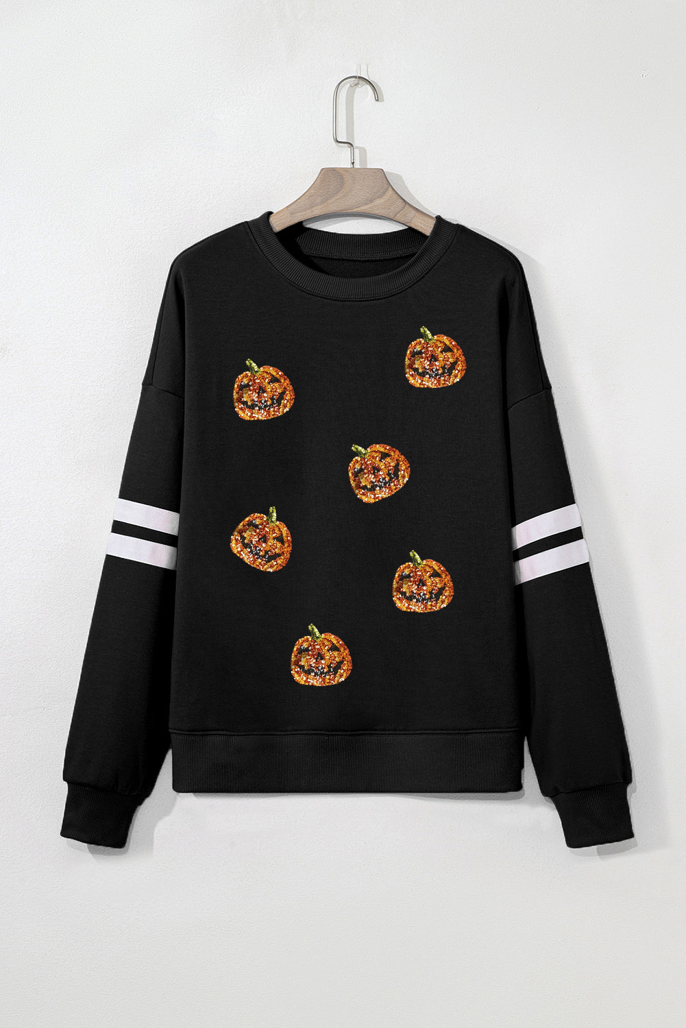 Black Halloween Pumpkin Sequin Patched Oversize Varsity Sweatshirt df354101f5ad2740