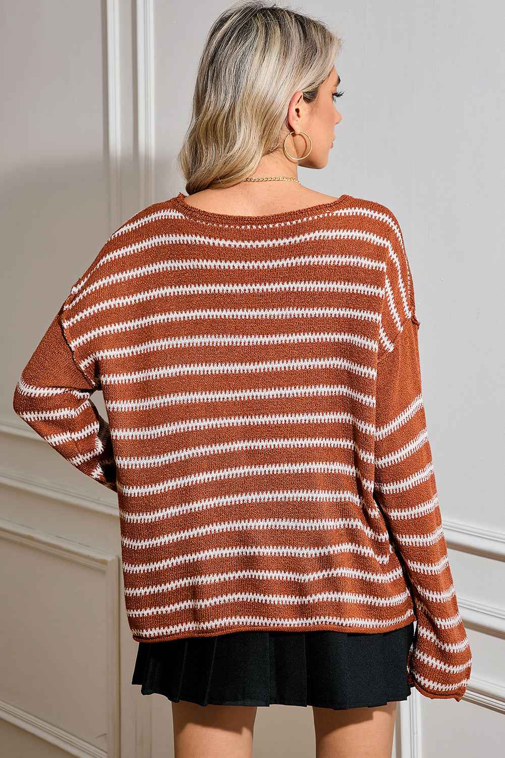 Green Stripe Casual Stripe Round Neck Drop Shoulder Sweater df67f409807c2f49