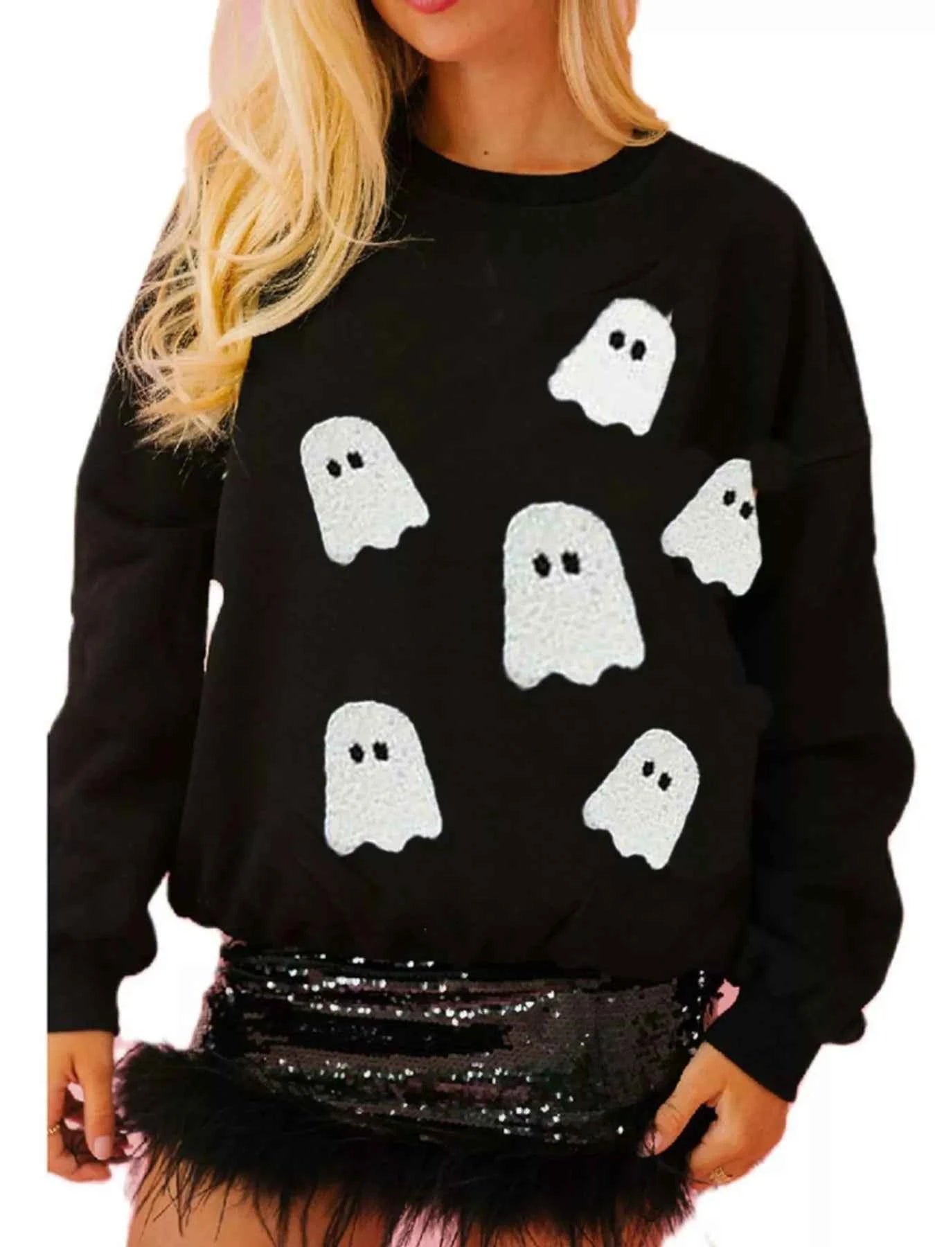 Halloween Sequin Round Neck Sweatshirt Black Multiple Ghosts dfba02ae-db13-4e5a-9d61-c9075a50e9e0-Max-Origin