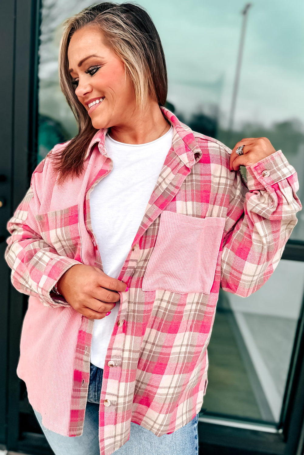 Pink Waffle Pocket Plaid Patchwork Plus Size Shirt dfd5a25cb96fe0f4