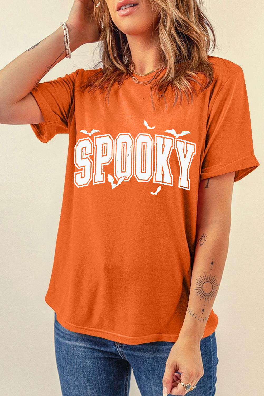 Orange SPOOKY Heat Transfer Printing Crewneck Halloween T Shirt e03b7f56bf81c141