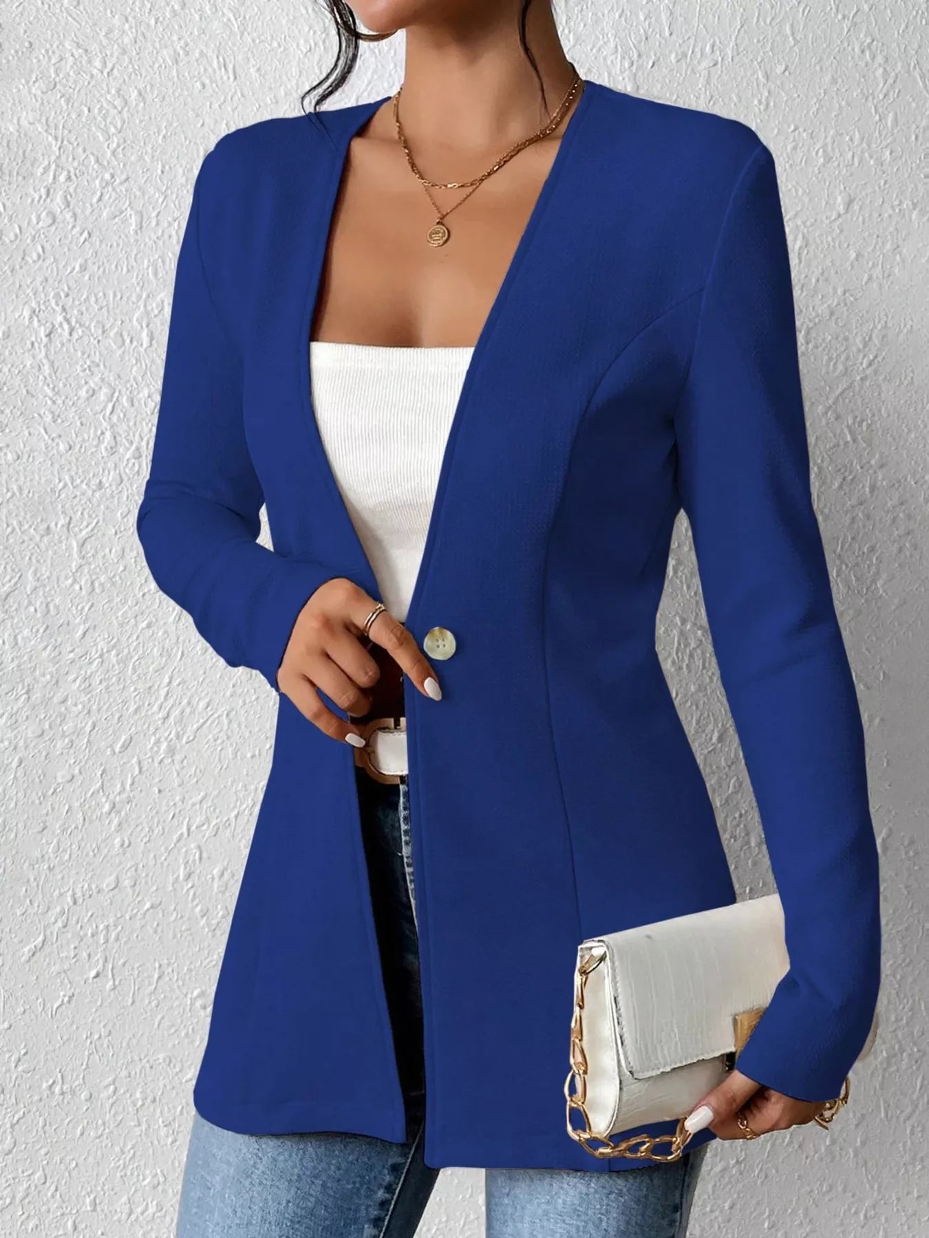 One Button Long Sleeve Blazer Blue e06254bd44ef4d65953c572ae3a5eab5-Max-Origin