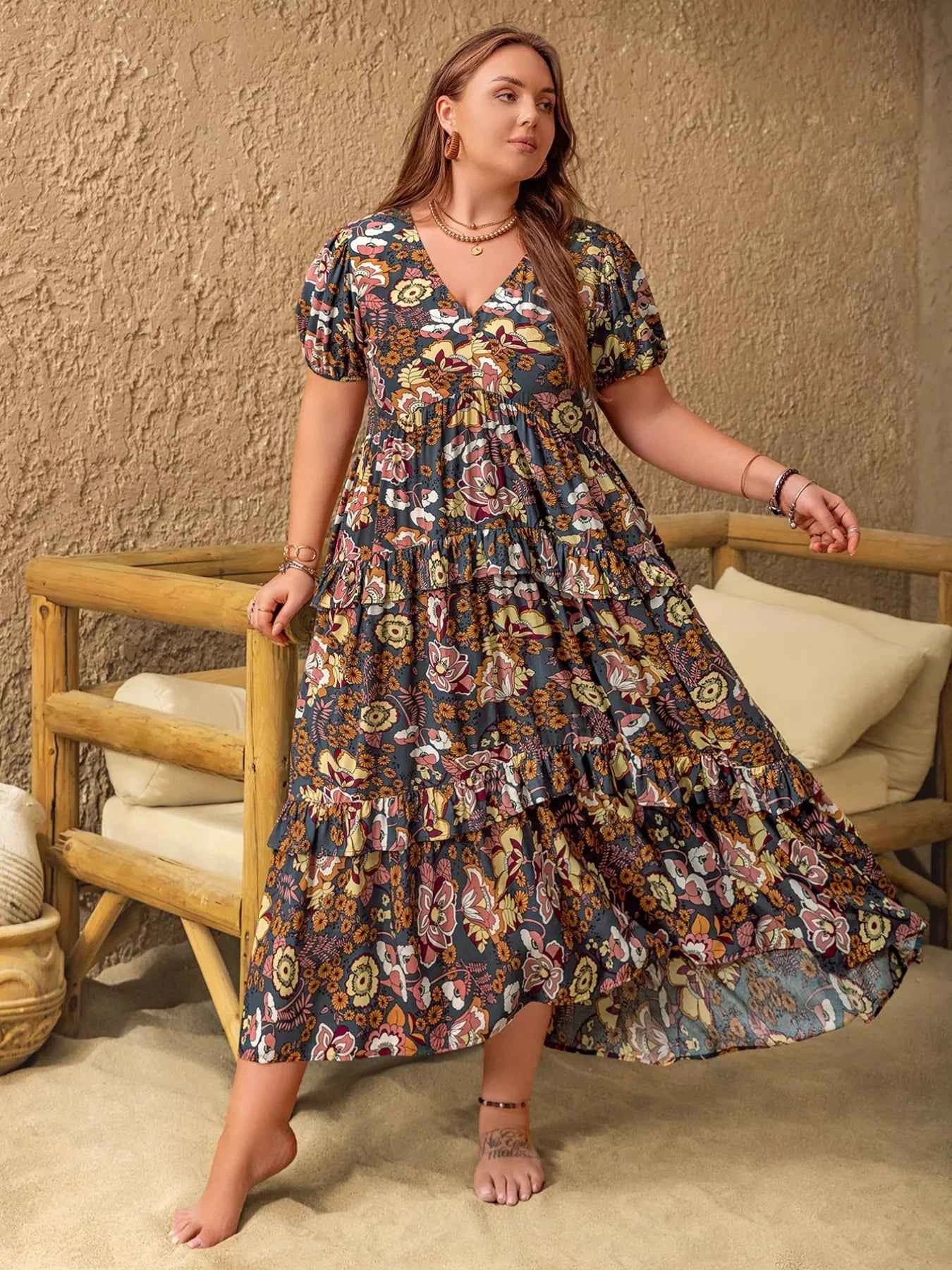 Plus Size V-Neck Short Sleeve Midi Dress Multicolor e0c450dc-0216-4edb-a5fd-91543b818419-Max-Origin