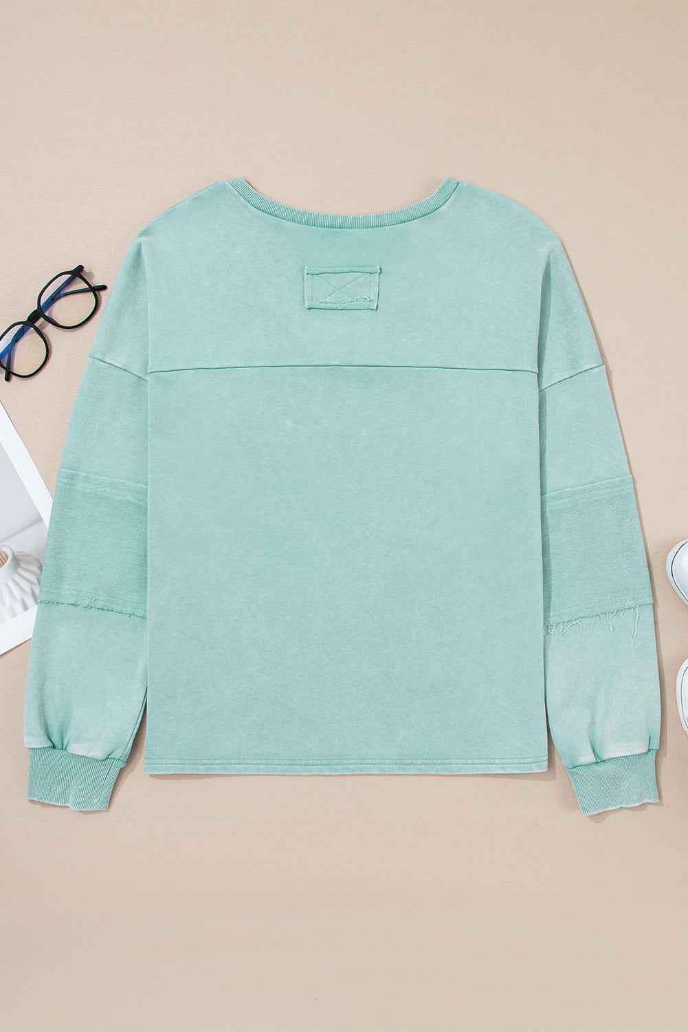 Mist Blue Mineral Wash Exposed Seam Buttoned V Neck Pullover Top