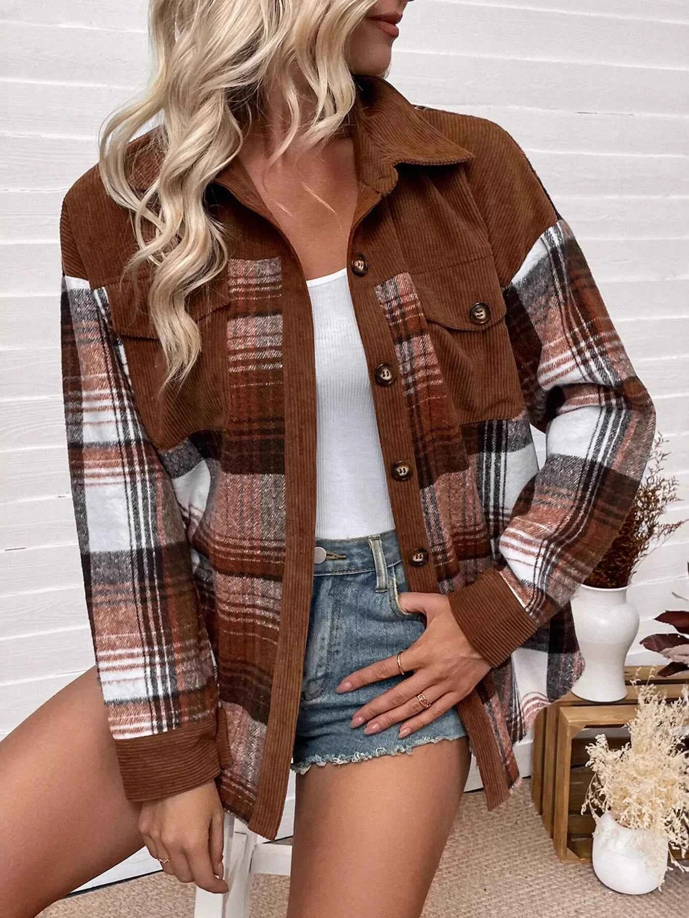 Plaid Button-Up Shacket with Chest Pockets Dark Brown e0fa6d1a99c24a6e8f1fbebdbb15f5c0-Max-Origin