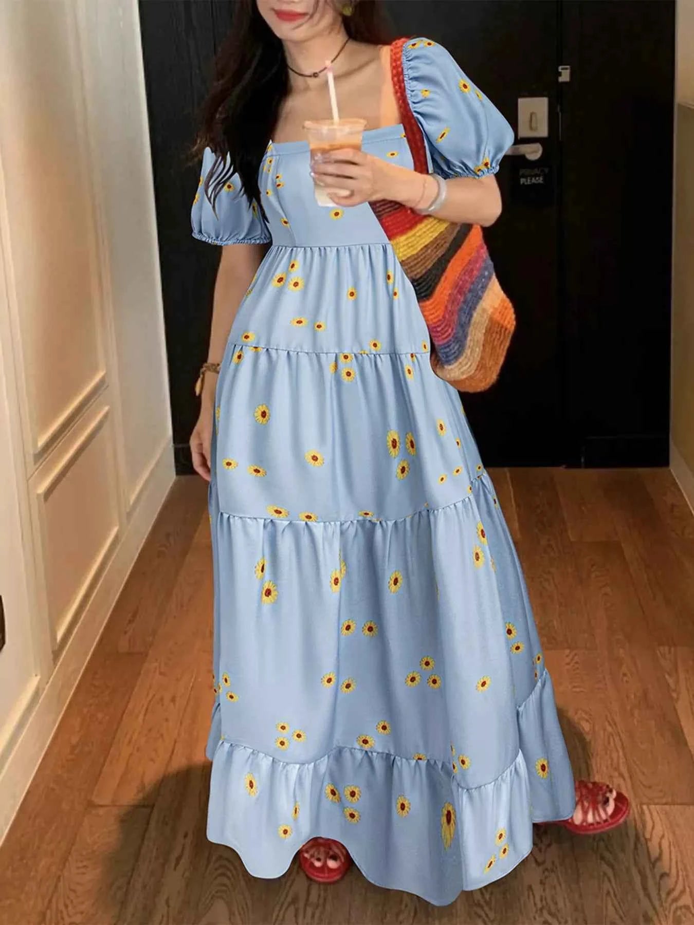 Daisy Print Puff Sleeve Tiered Maxi Dress Light Blue e153b1a2-4085-408e-99fb-a346fa5c2ee2-Max-Origin