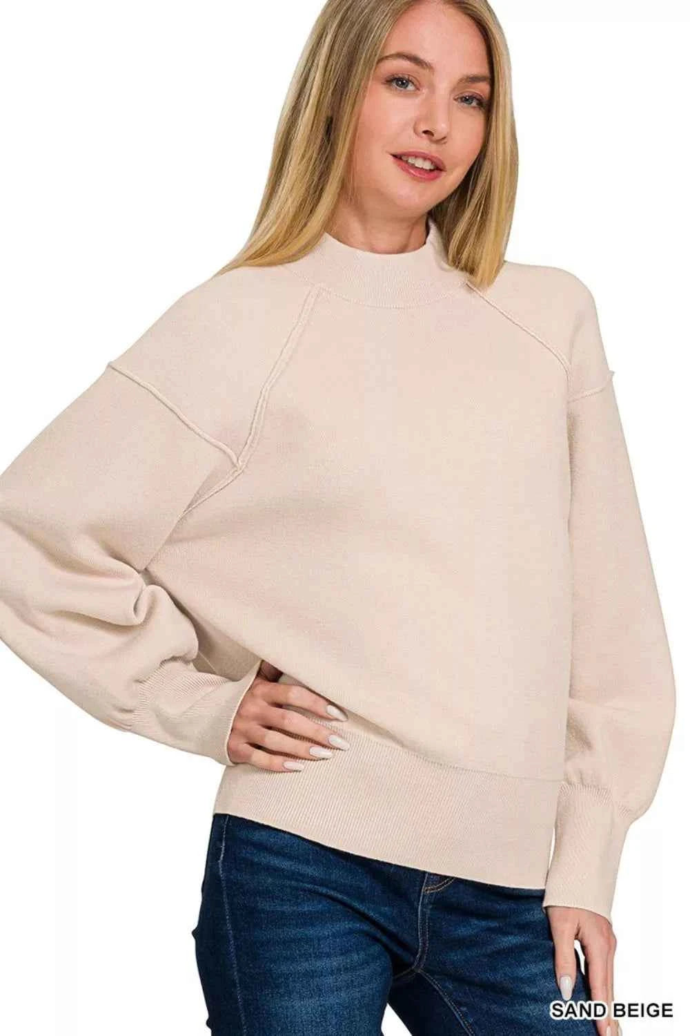 Zenana Viscose Mock Neck Exposed Seam Sweater