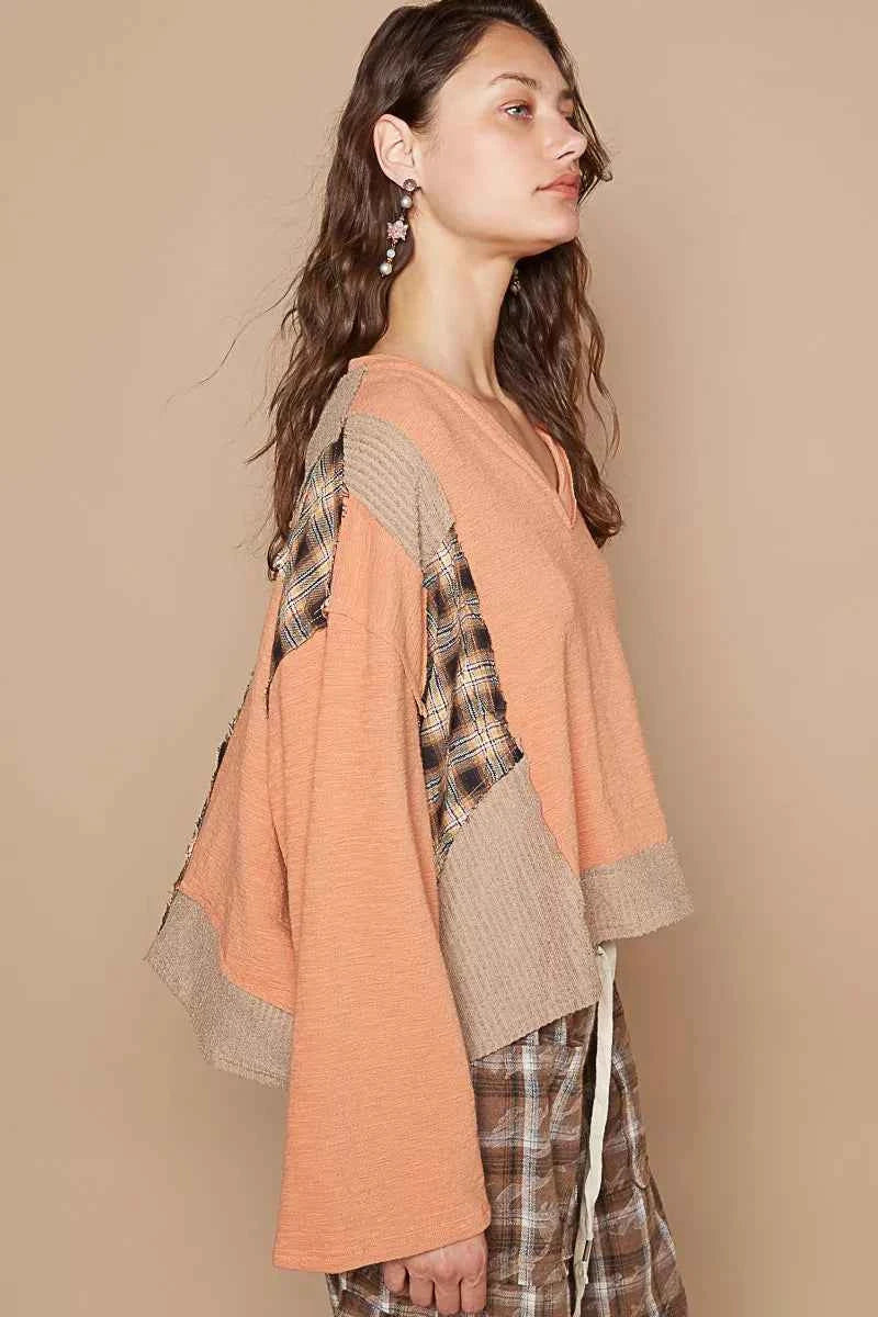 POL V-Neck Long Sleeve Plaid Contrast Top with Texture Knit Detail e1e0a80a-8b34-4ee9-9031-1cbafb0eb080-Max-Origin