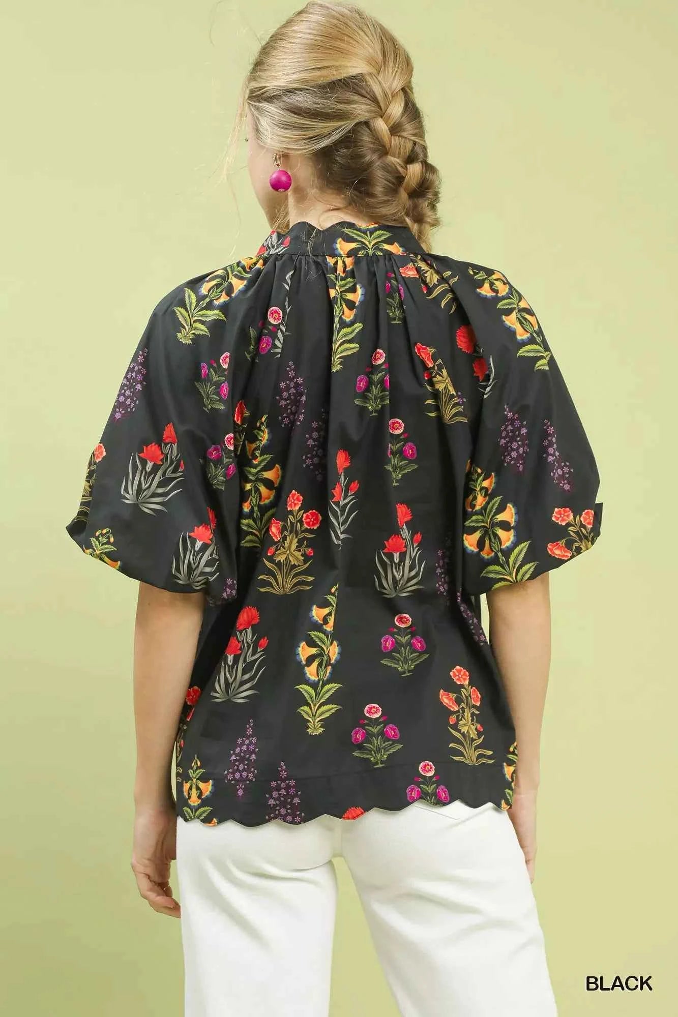 Umgee Floral Print Puff Sleeve Scallop Hem Blouse