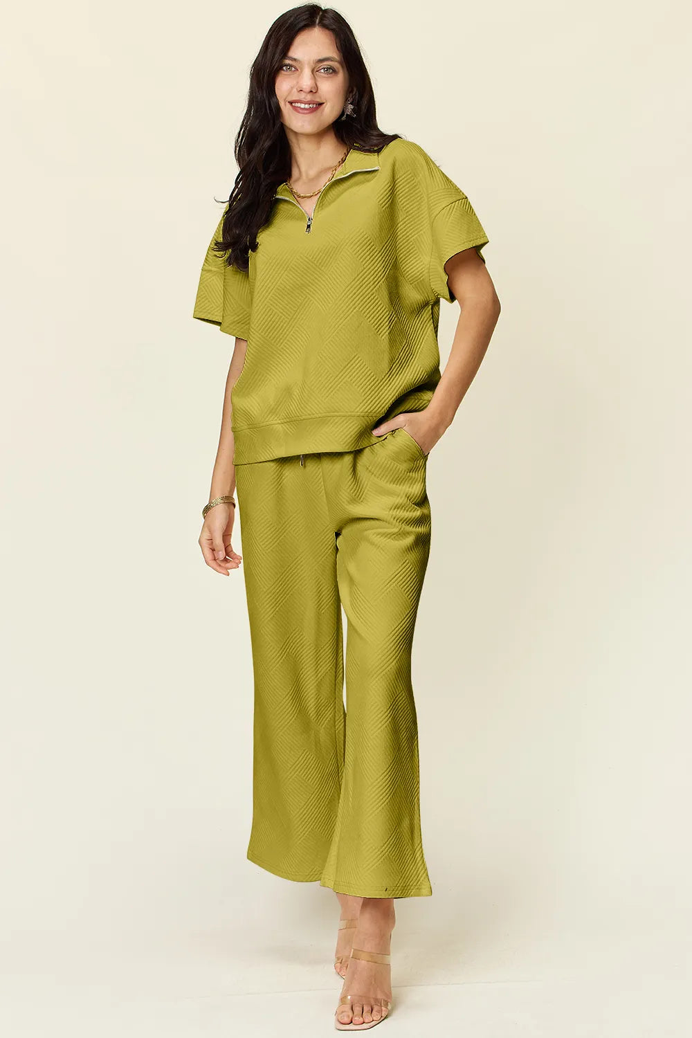 Double Take Full Size Texture Half Zip Short Sleeve Top and Pants Set Olive e34d7886-4ae3-42bc-9ec4-aa96a3b07070-Max