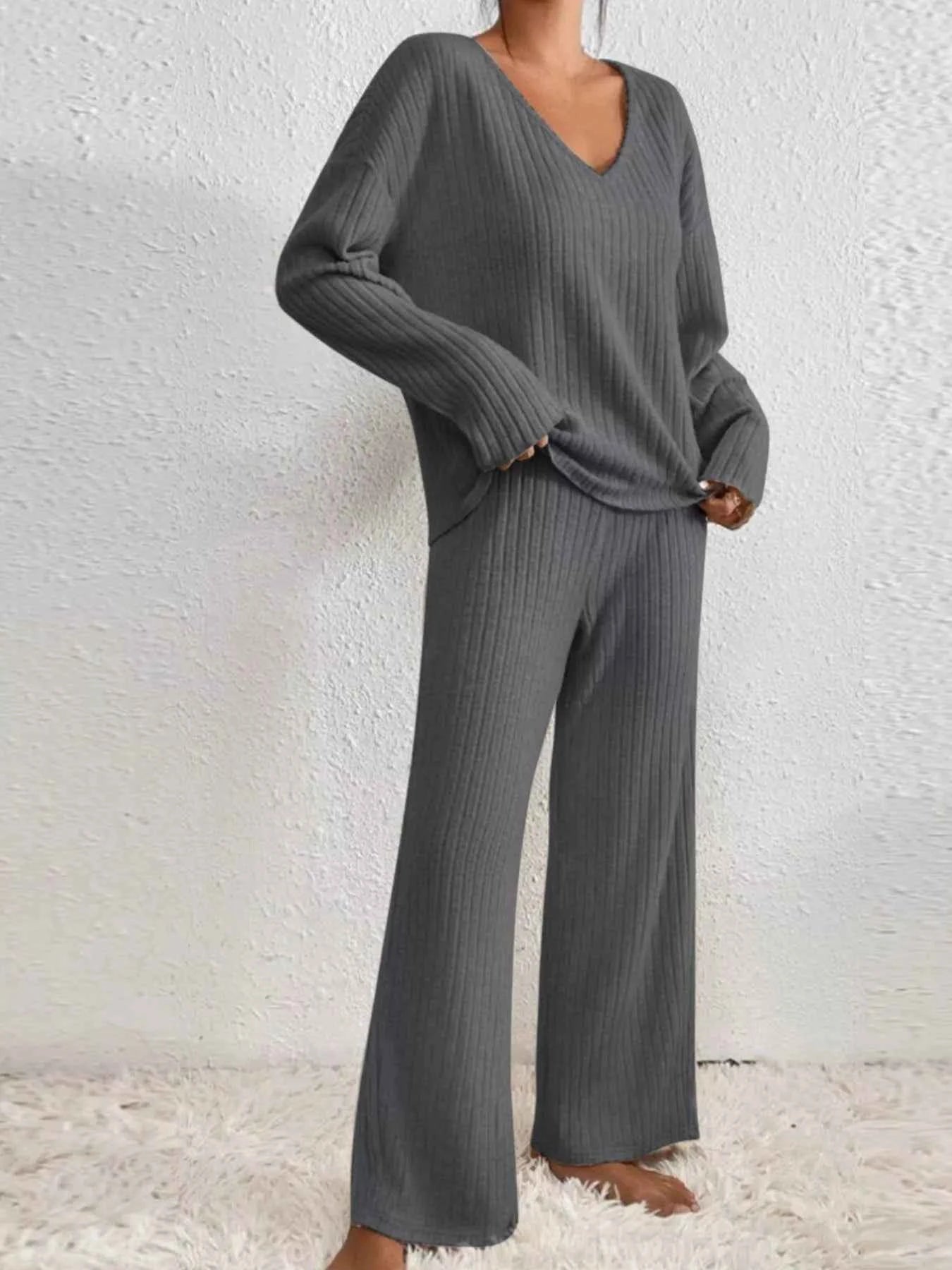 Ribbed V-Neck Top and Pants Set Dark Gray e3729c83-07a4-4f91-ae94-f72658197f85-Max-Origin
