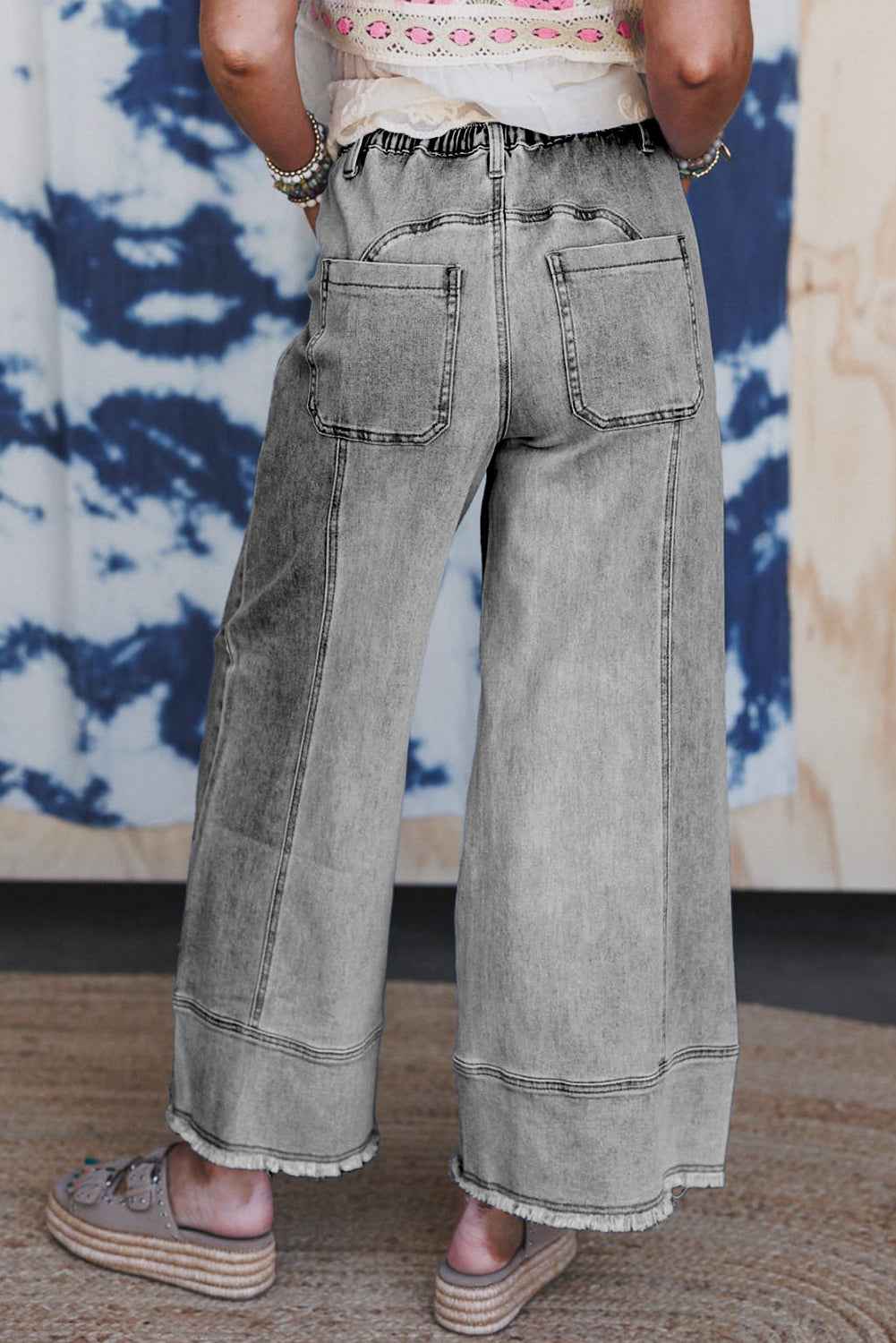 Beau Blue Drawstring Seam Detail Raw Hem Wide Leg Jeans e3c22dce1bbe9521