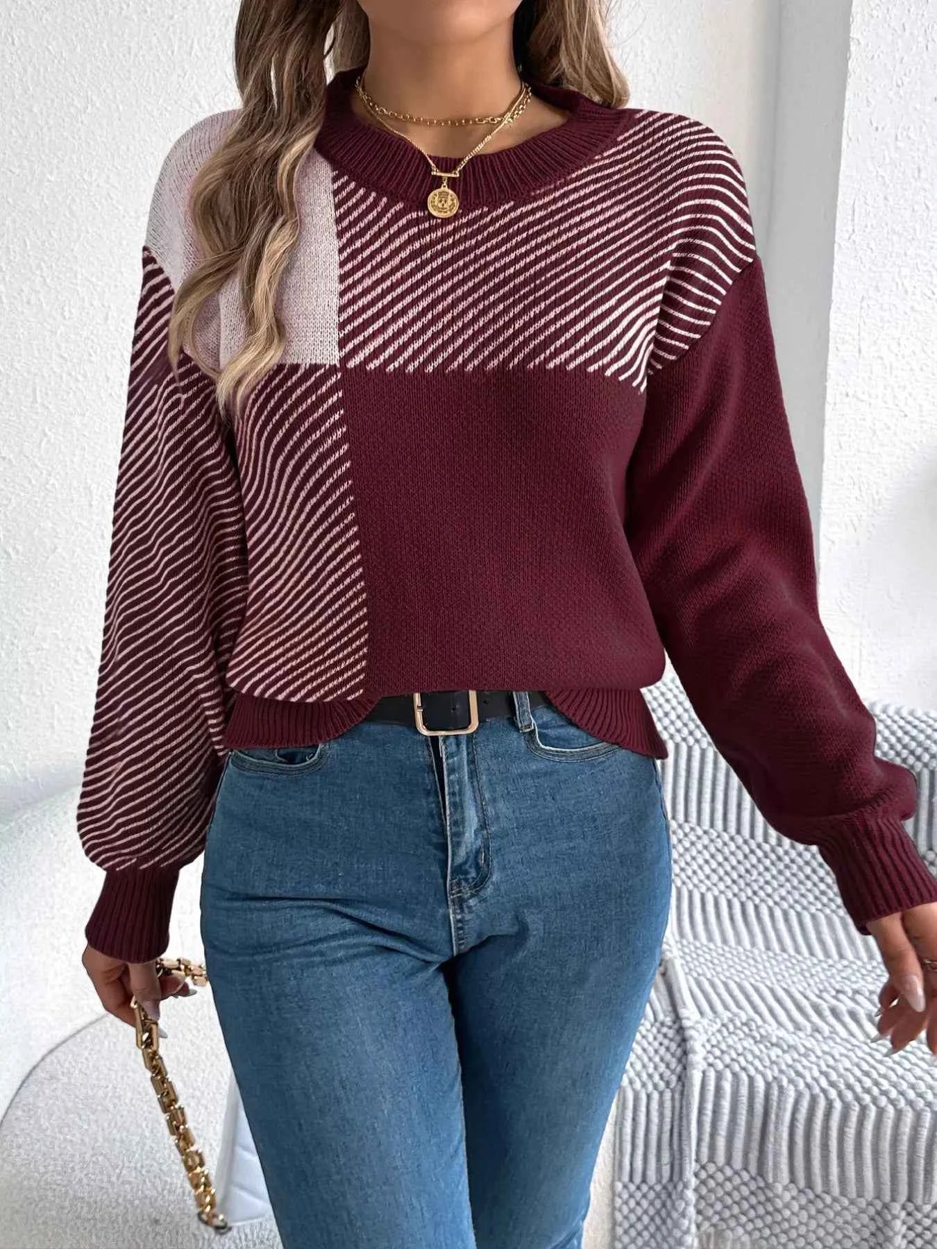 Color Block Striped Round Neck Sweater Burgundy e48f4221-7d90-4db5-80b2-8b6b72f08893-Max-Origin