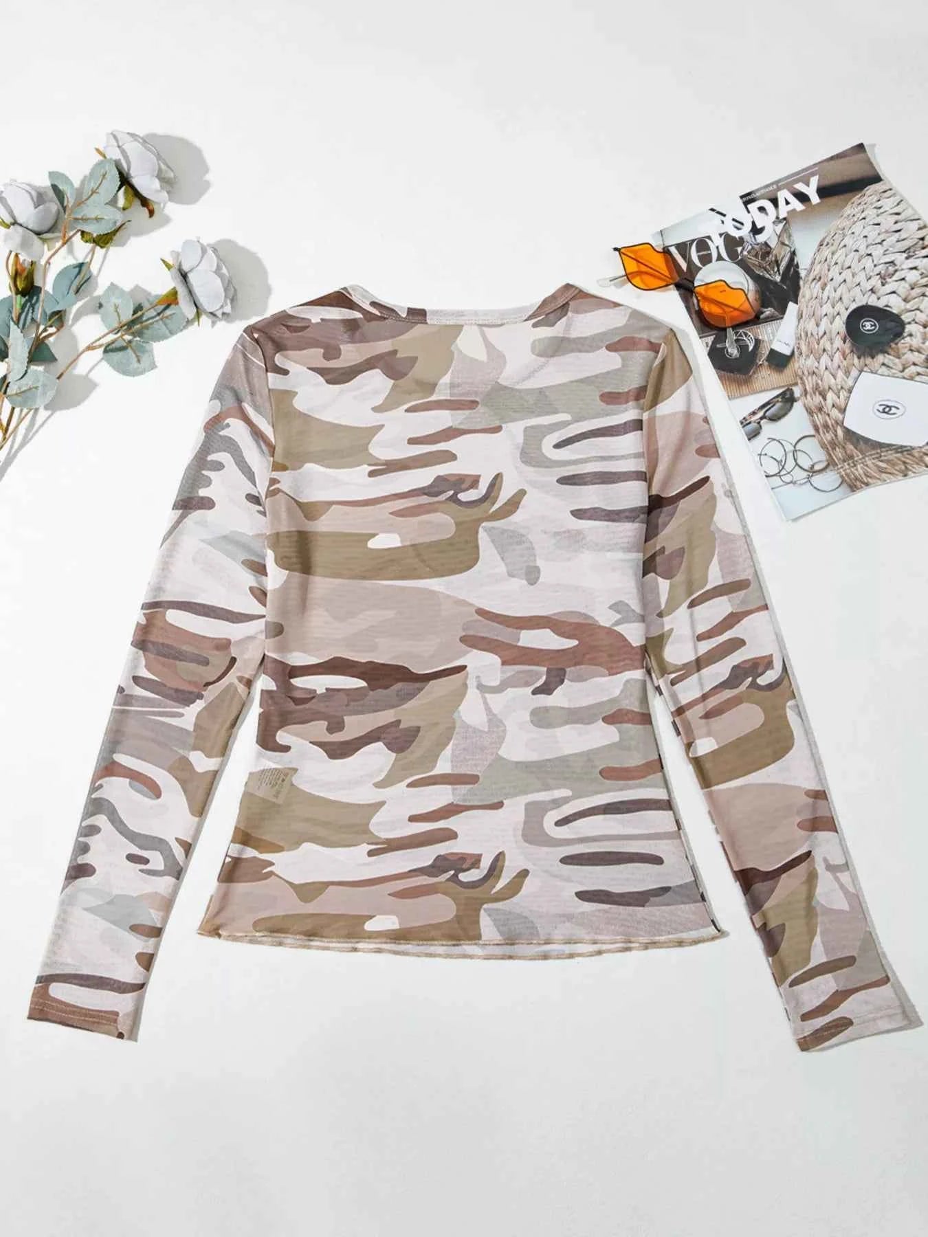 Camouflage Print Mesh Long Sleeve Top e520811fa78648d6bba12b29c6cab226-Max-Origin
