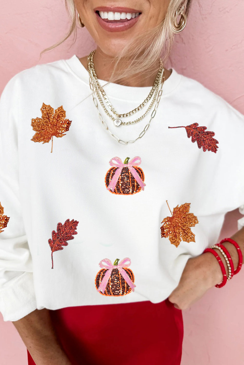 White Fall Leaf Bow Pumpkin Sequin Patched Baggy Sweatshirt e542f561fe597b3c