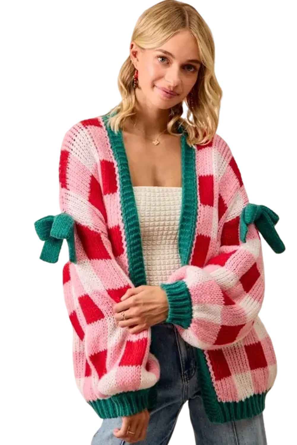 Pink Colorblock Checkered Open Front Knit Cardigan e55fbde356c51642
