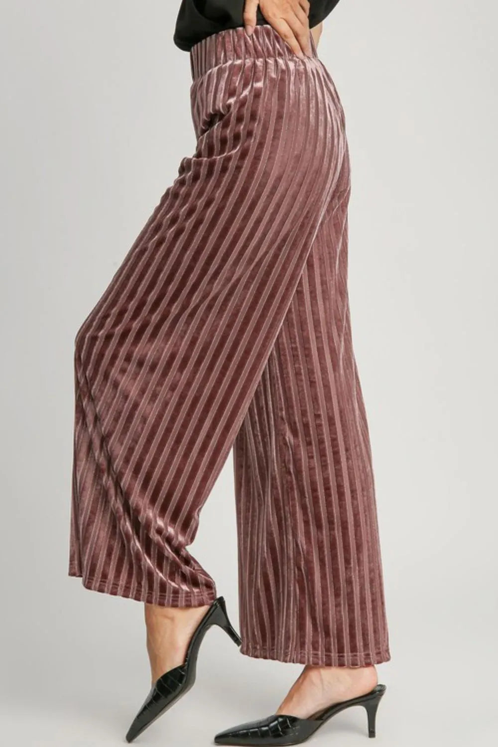 Umgee Full Size Elastic Waist Striped Wide Leg Velvet Pants e563c085-4e1a-4a29-8405-0dd533da969a-Max