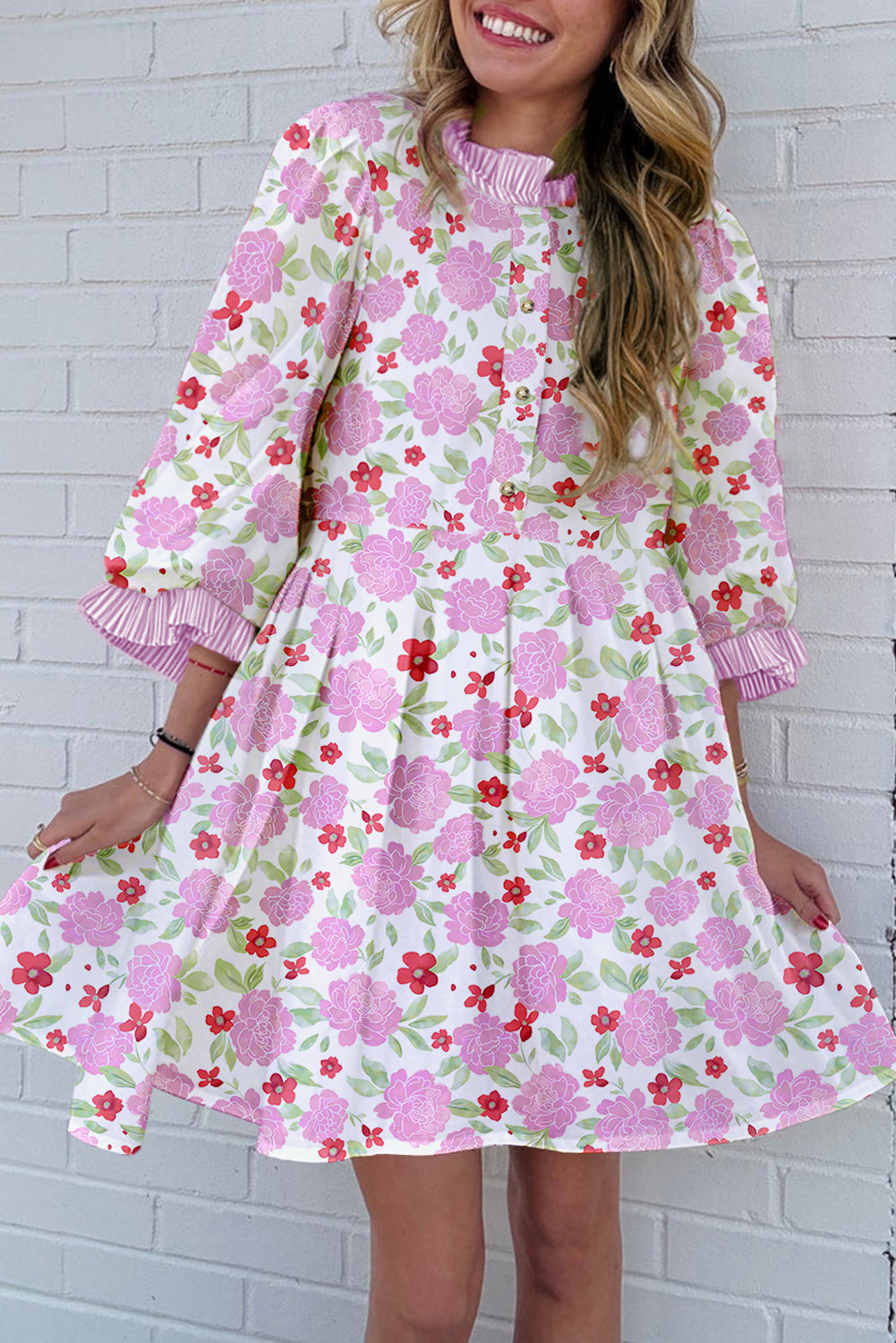 Pink Floral Print Striped Trim Flowy Mini Dress Pink 100%Polyester e5674520d0ab99a2