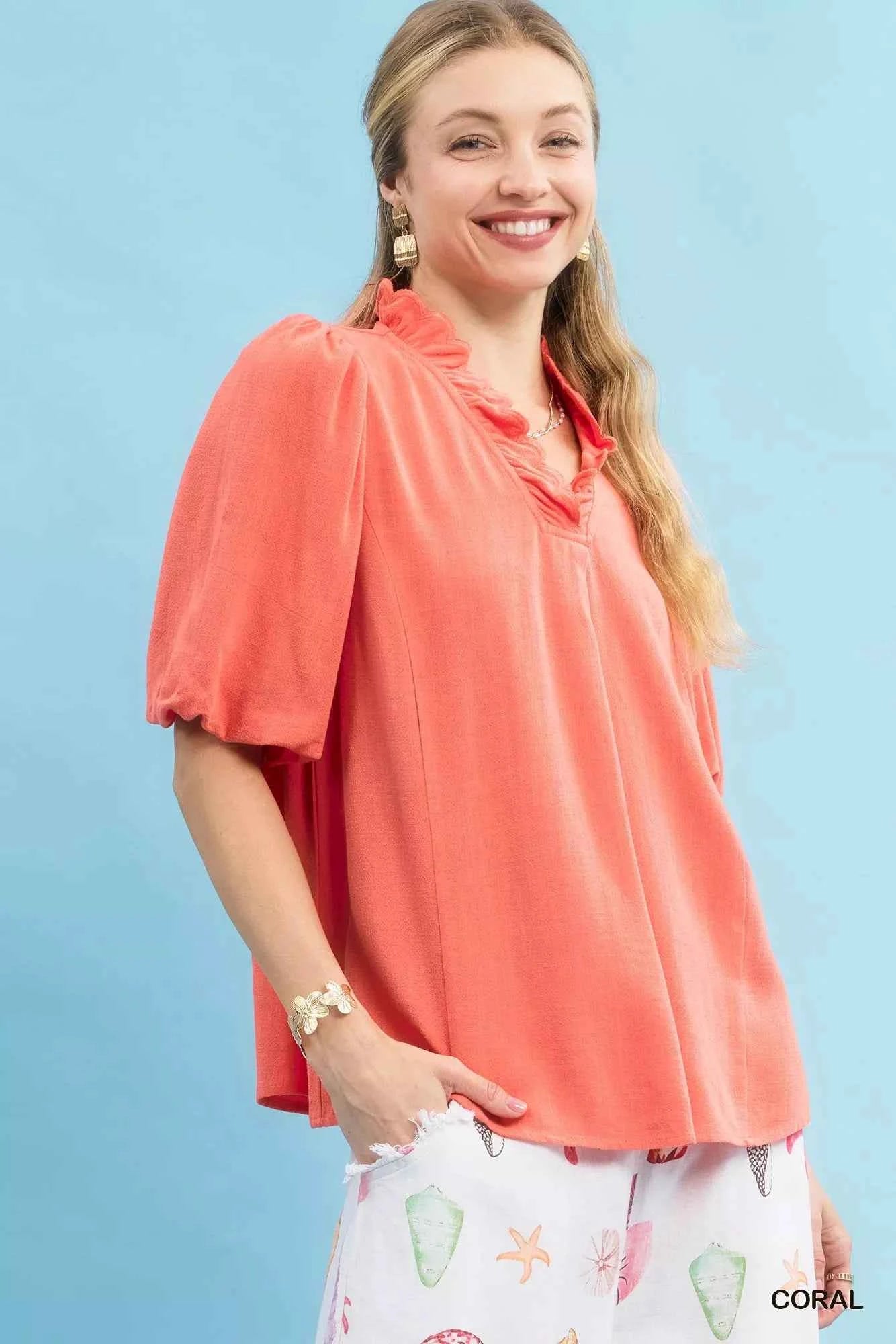 Umgee Linen Scallop Trim V-Neck Blouse e5992436-f694-4c56-9458-e96cef973792-Max-Origin