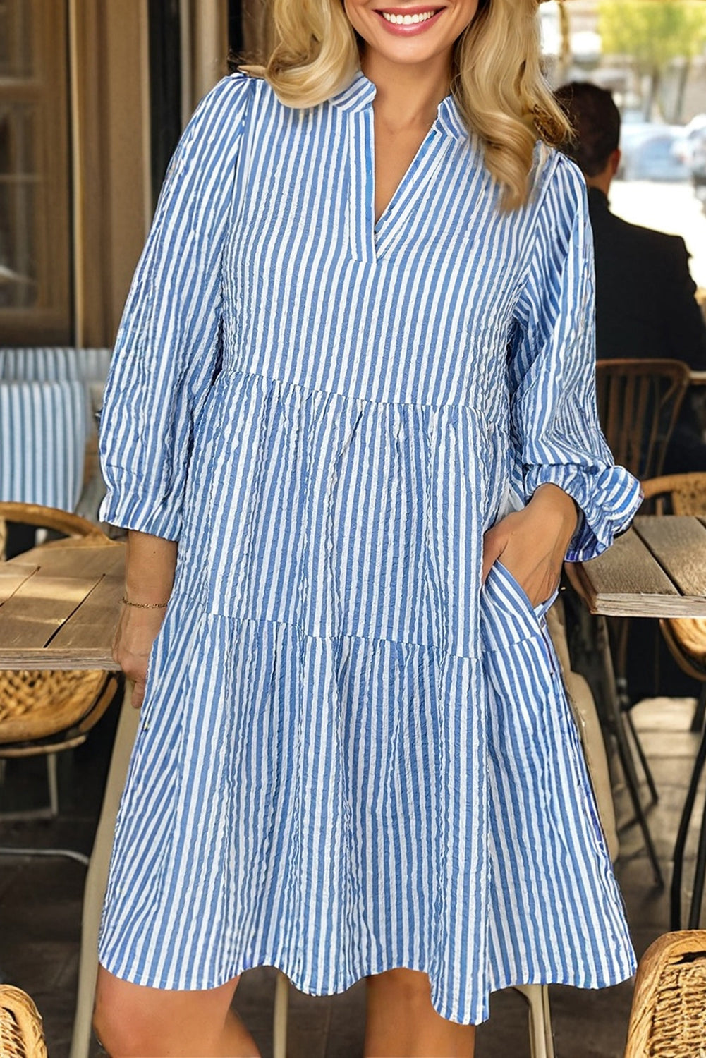 Sky Blue Striped Textured Bracelet Sleeve Tiered Mini Dress Sky Blue Stripe 50%Polyester+50%Cotton e618951ae241ebad