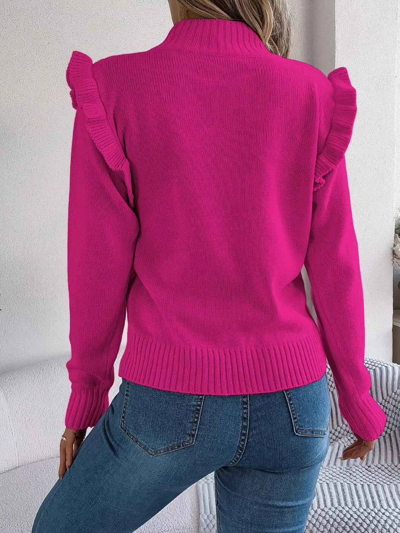Mock Neck Ruffle Trim Long Sleeve Sweater e65881408668481cb91626c5bca69d5d-Max-Origin