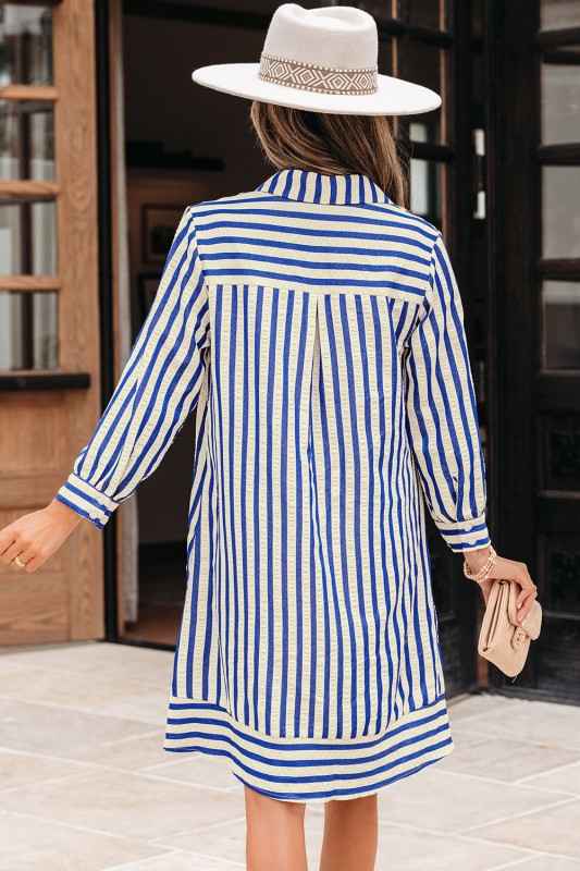 Stripe Buttoned Collar Side Pockets Mini Dress e68196d5-0eea-4c79-bd52-7f2e32ac6230