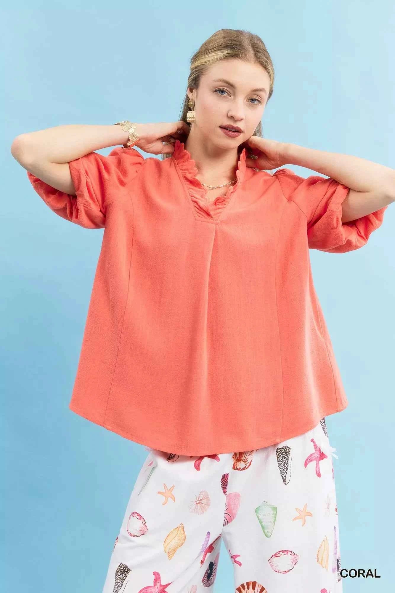 Umgee Linen Scallop Trim V-Neck Blouse CORAL e69fe1ae-791d-49b4-8e8f-c6da71dbf6f2-Max-Origin
