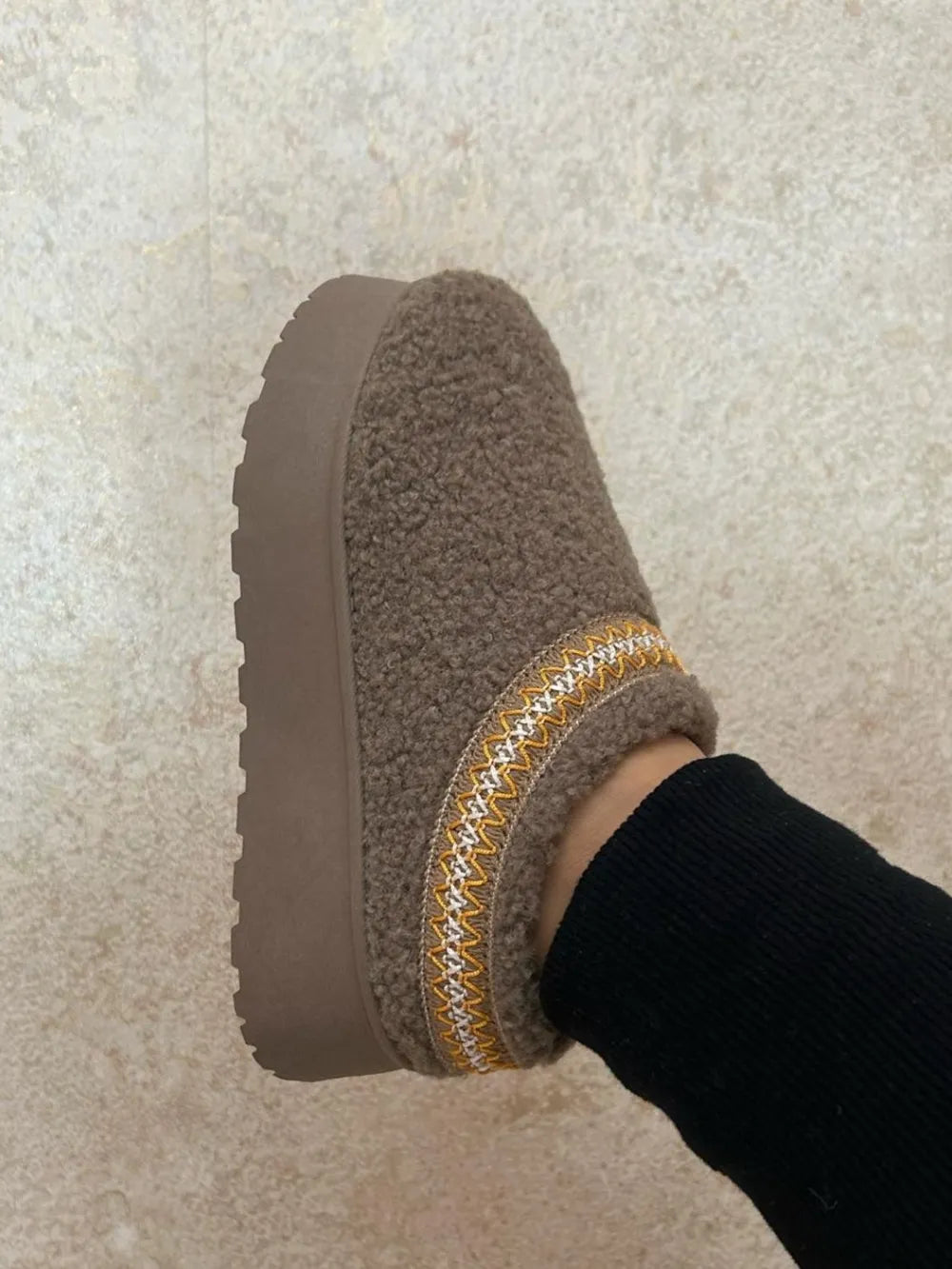 WILD DIVA Embroidered Trim Platform Sherpa Boots Taupe e835fb07-b4f6-47b4-a1f3-226035ae32e7-Max