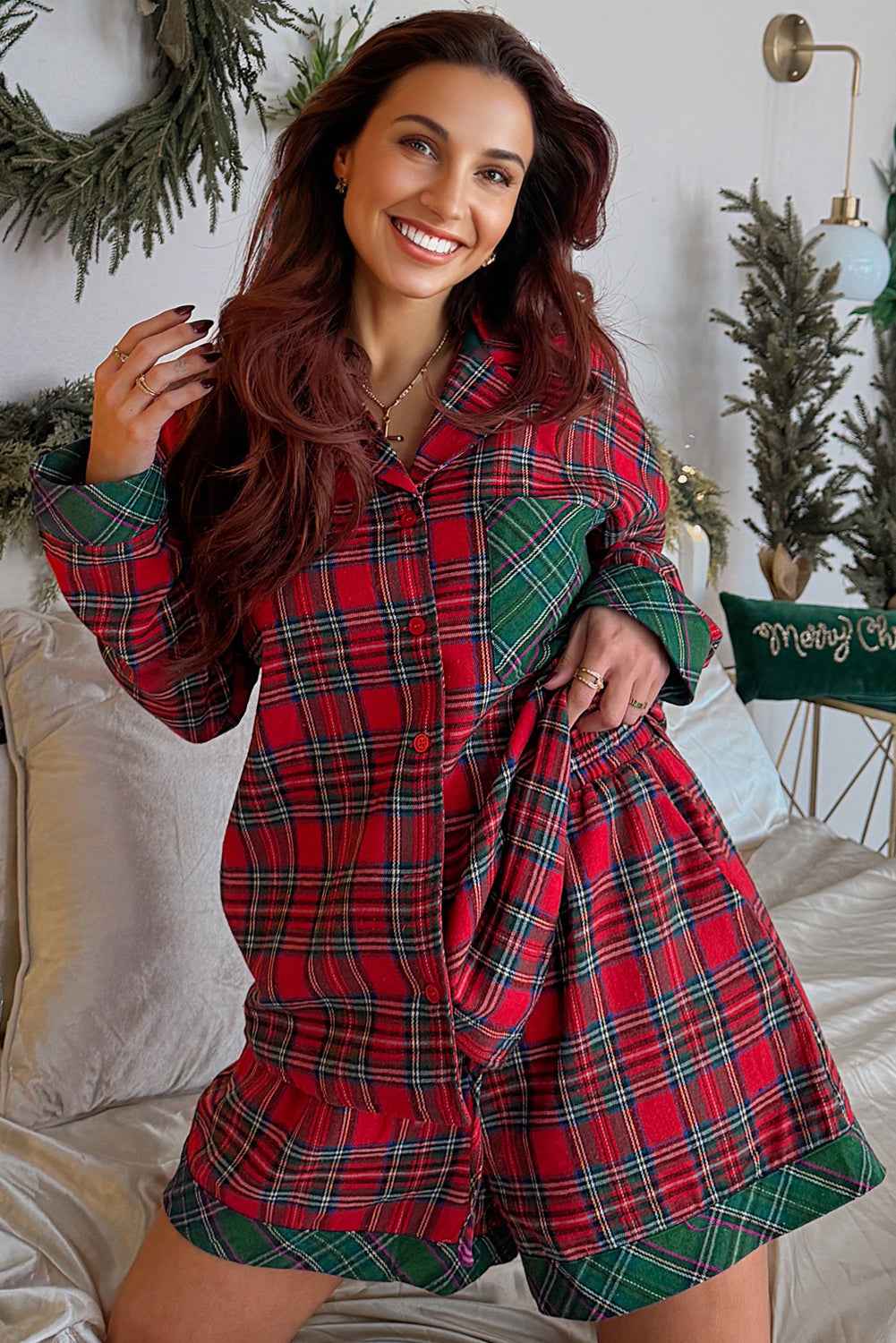 Red Plaid Contrast Color Christmas Holiday Long Sleeve Shirt and Shorts Pajama Set e8630b87eb6a8a43
