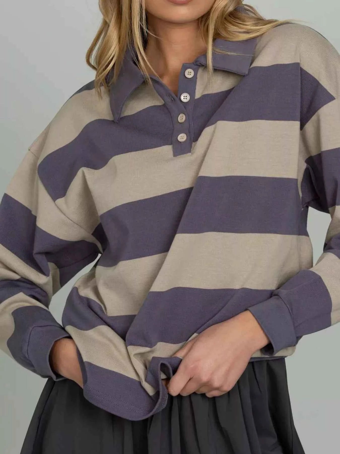 Striped Polo Collar Sweatshirt with Button Details Lilac e8c75ed9-c3f8-4a06-8dad-26b94dcaad8f-Max-Origin