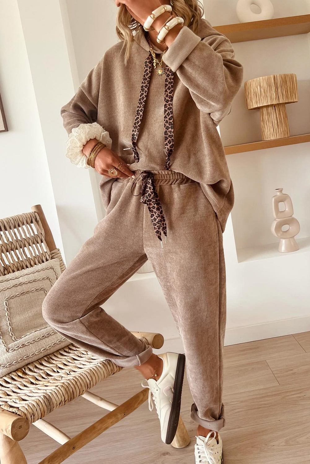 Jet Stream Drawstring Pullover Hoodie and High Waist Pants Corduroy Suit