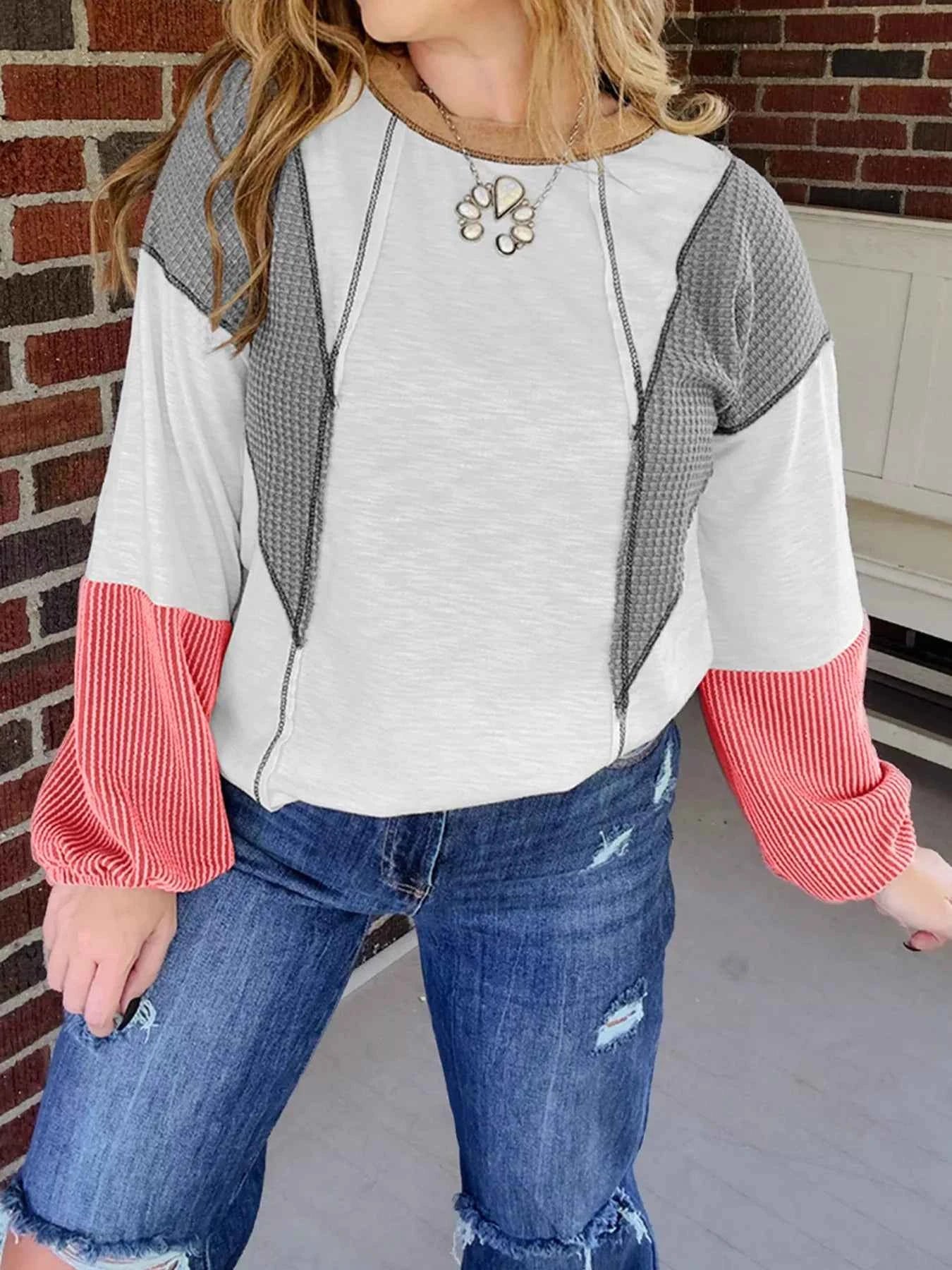 Color Block Textured Knit Patchwork Casual Top White e8f6e13af7da4efa947de6dbec5e4e5a-Max-Origin