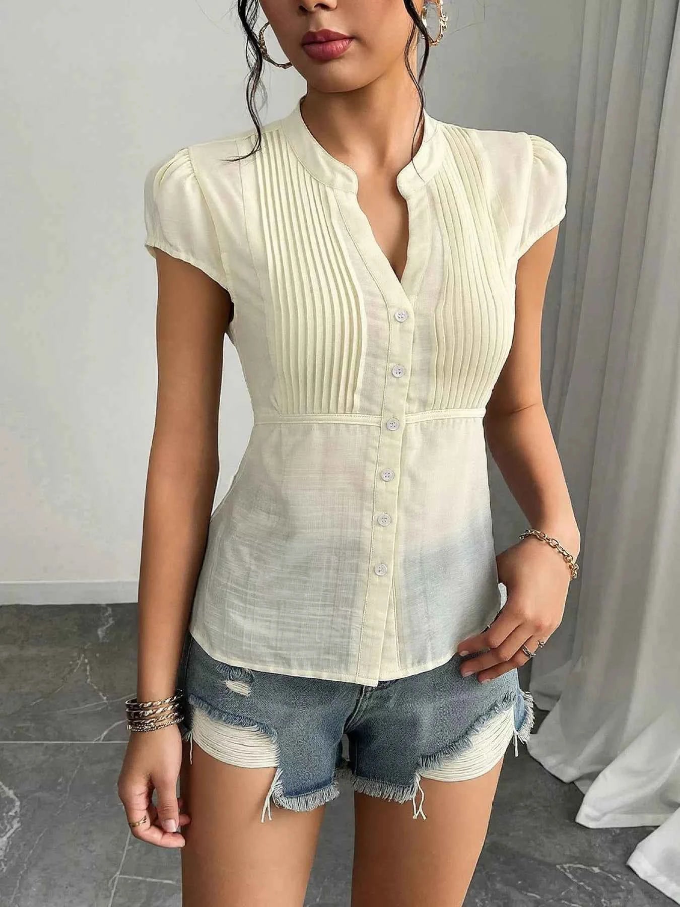 Button Up Cap Sleeve Shirt e999286fb429449994e8369dd0cf99eb-Max-Origin