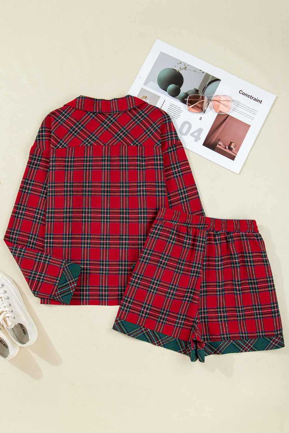 Red Plaid Contrast Color Christmas Holiday Long Sleeve Shirt and Shorts Pajama Set e9bc5cf73cae0d30