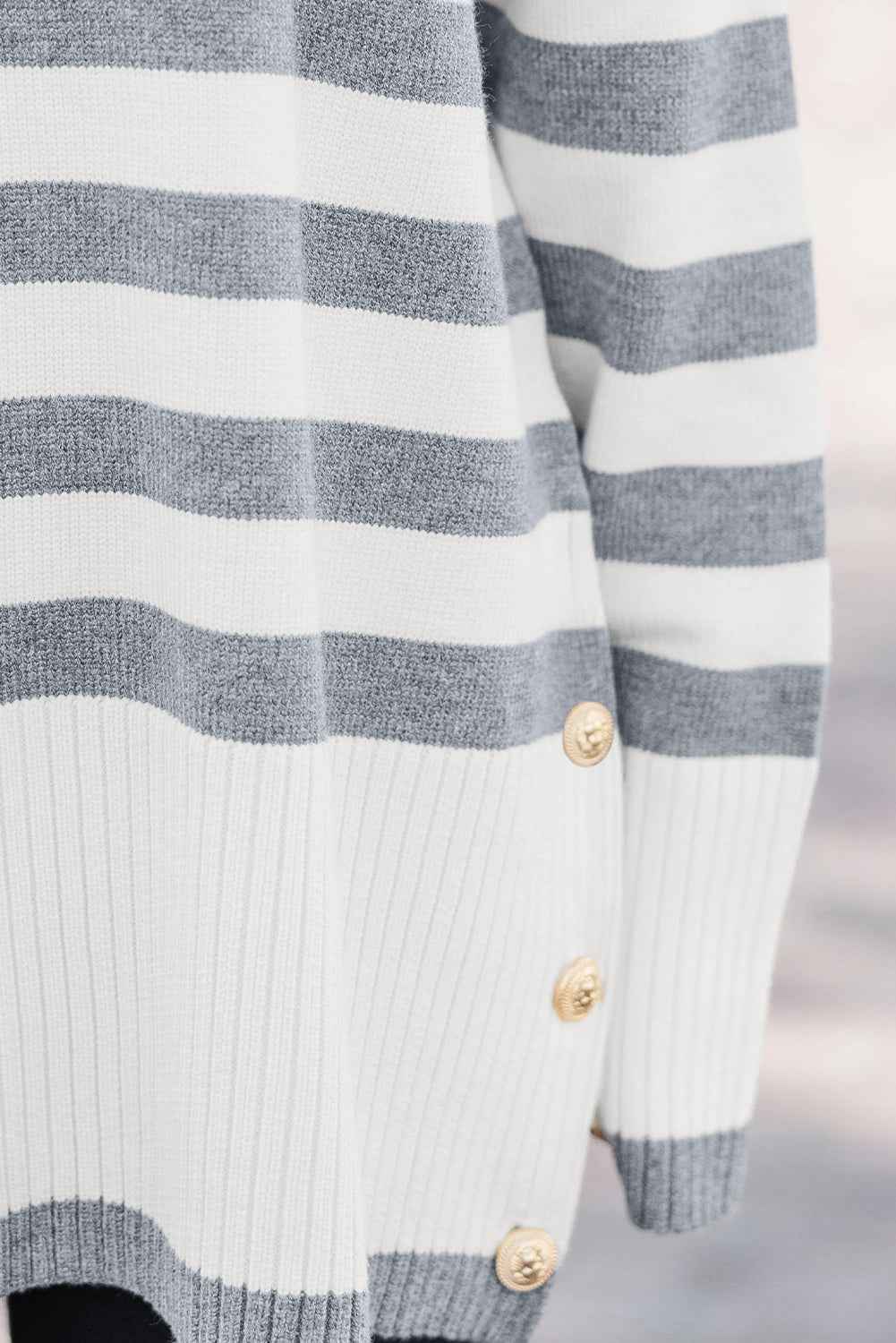 Gray Stripe Ribbed Buttoned Detail Drop Shoulder Tunic Sweater ea07cffbe44d99ef