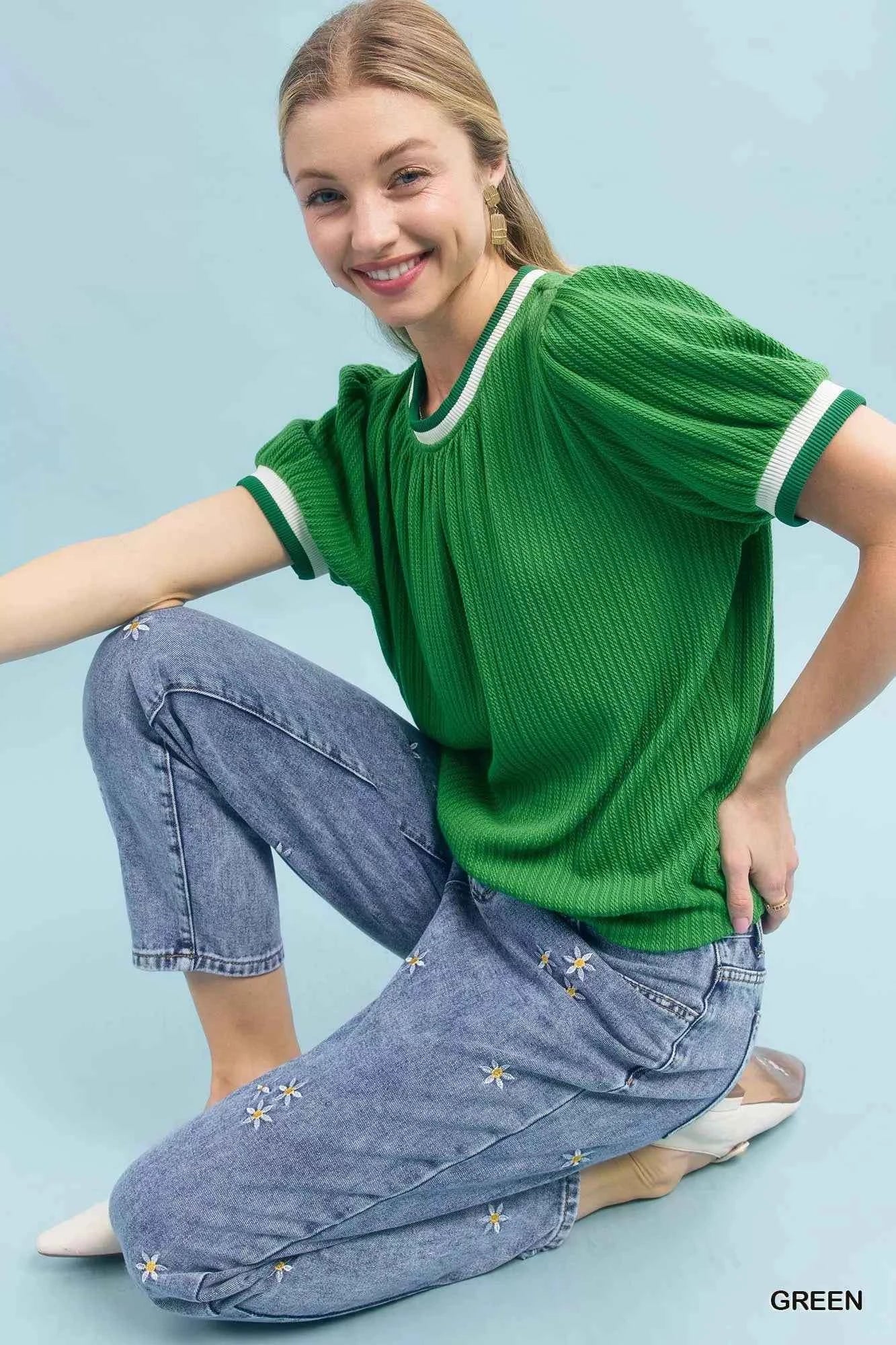 Umgee Puff Sleeve Knit Top with Contrast Rib Trim