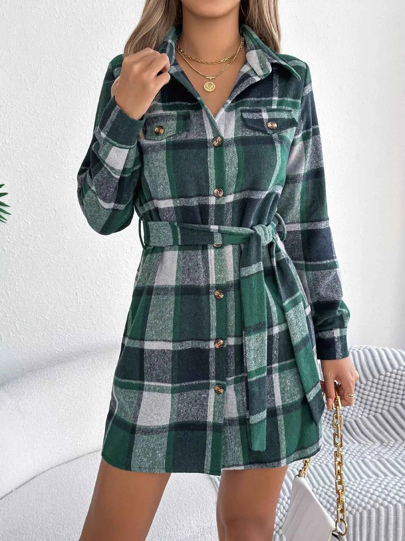 Plaid Button Front Tie Waist Shirt Dress eaf1651d1f0e412f8db5602bf387a49f-Max-Origin