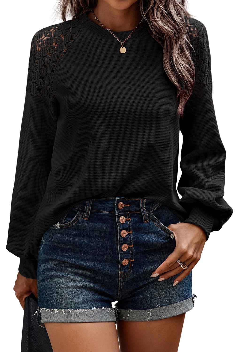 Real Teal Lace Patchwork Long Sleeve Textured Pullover eb420aa310eebcc9
