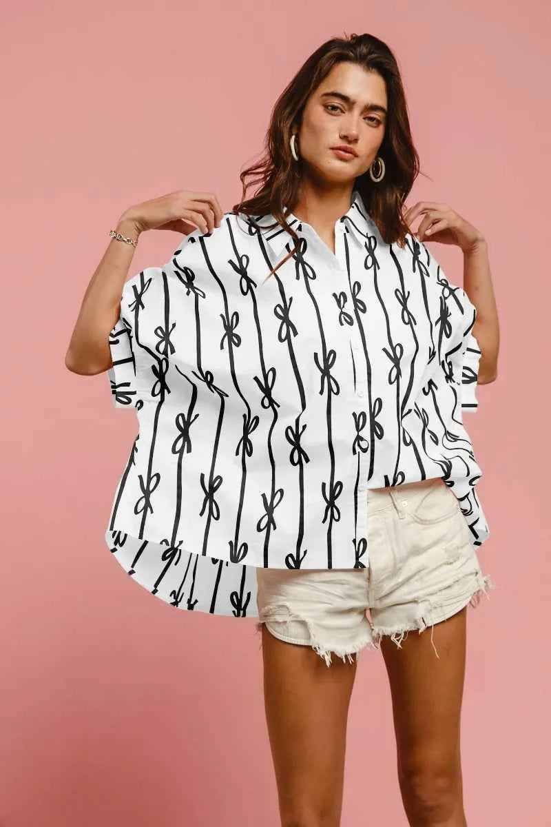 BiBi Bow Ribbon Woven Printed Button Down Shirt OFF WHITE BLACK eb9abcf0228241e1afe4f427bae6c047-Max-Origin