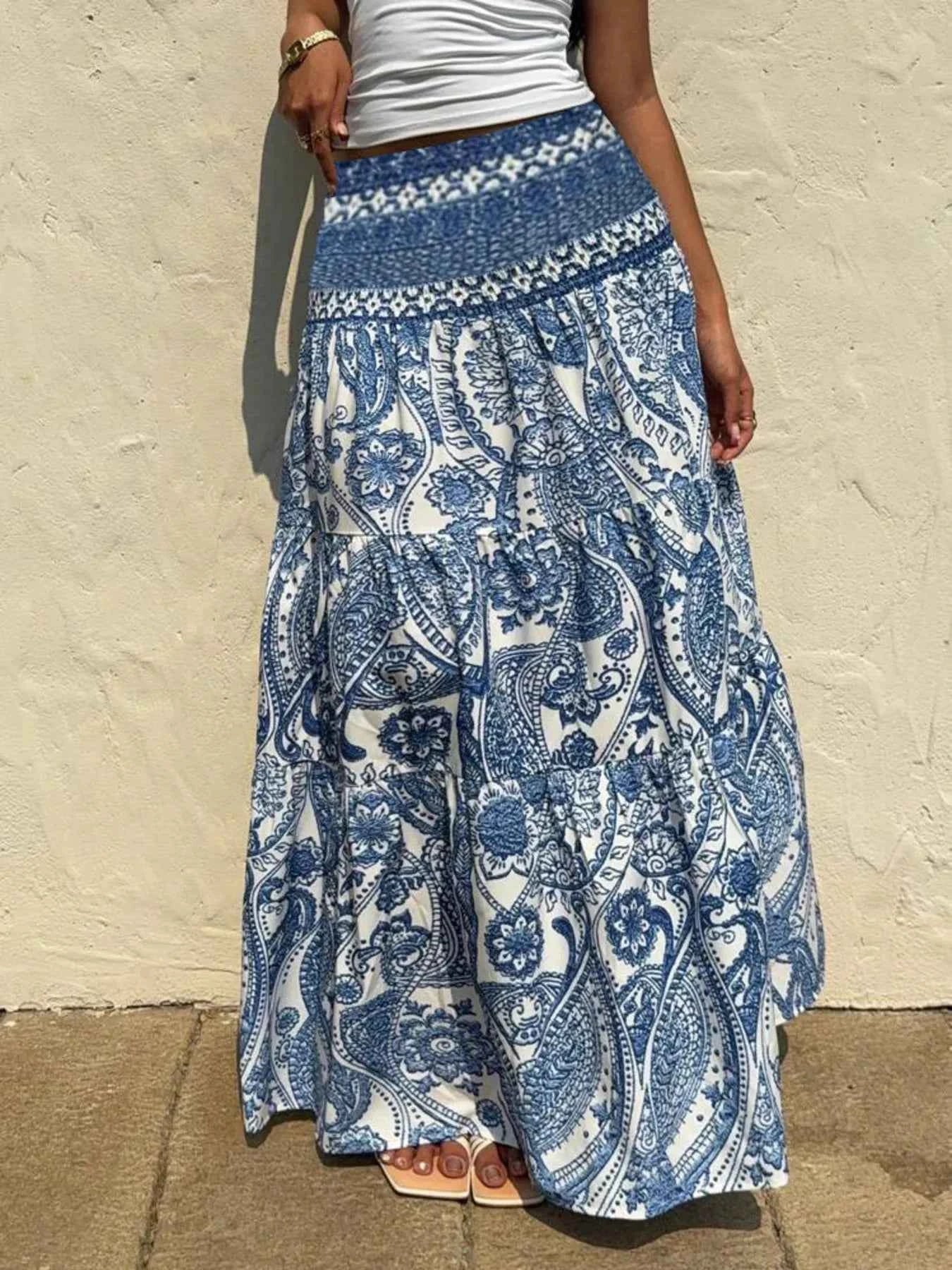 Printed Tiered Maxi Skirt Dusty Blue ebae96013c8f44d78d4fffb6e654b16f-Max-Origin