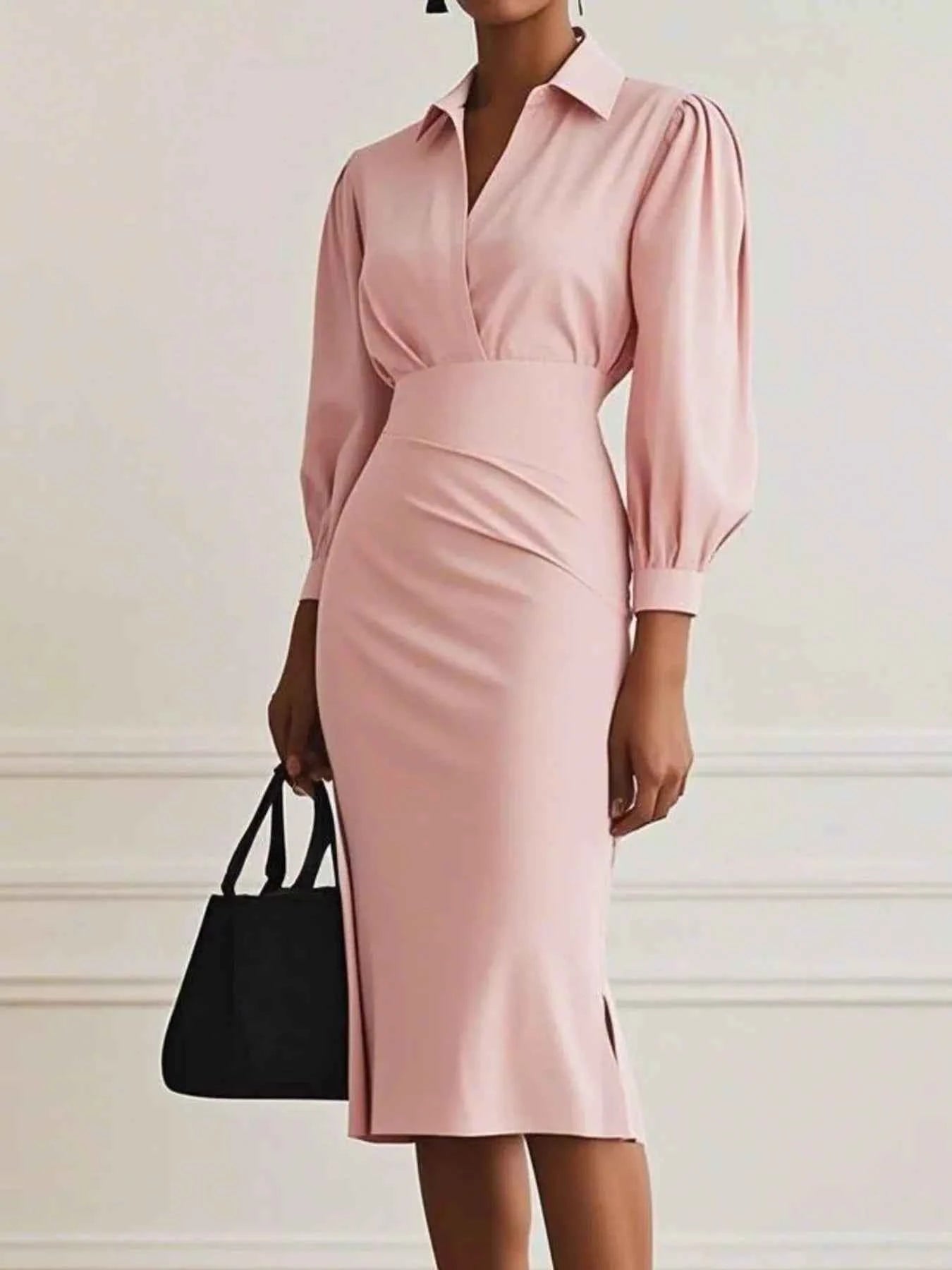 Ruched Midi Shirt Dress with Side Slit Pink ebb38834-2d7d-4707-8693-dff7ff0ad74e-Max-Origin