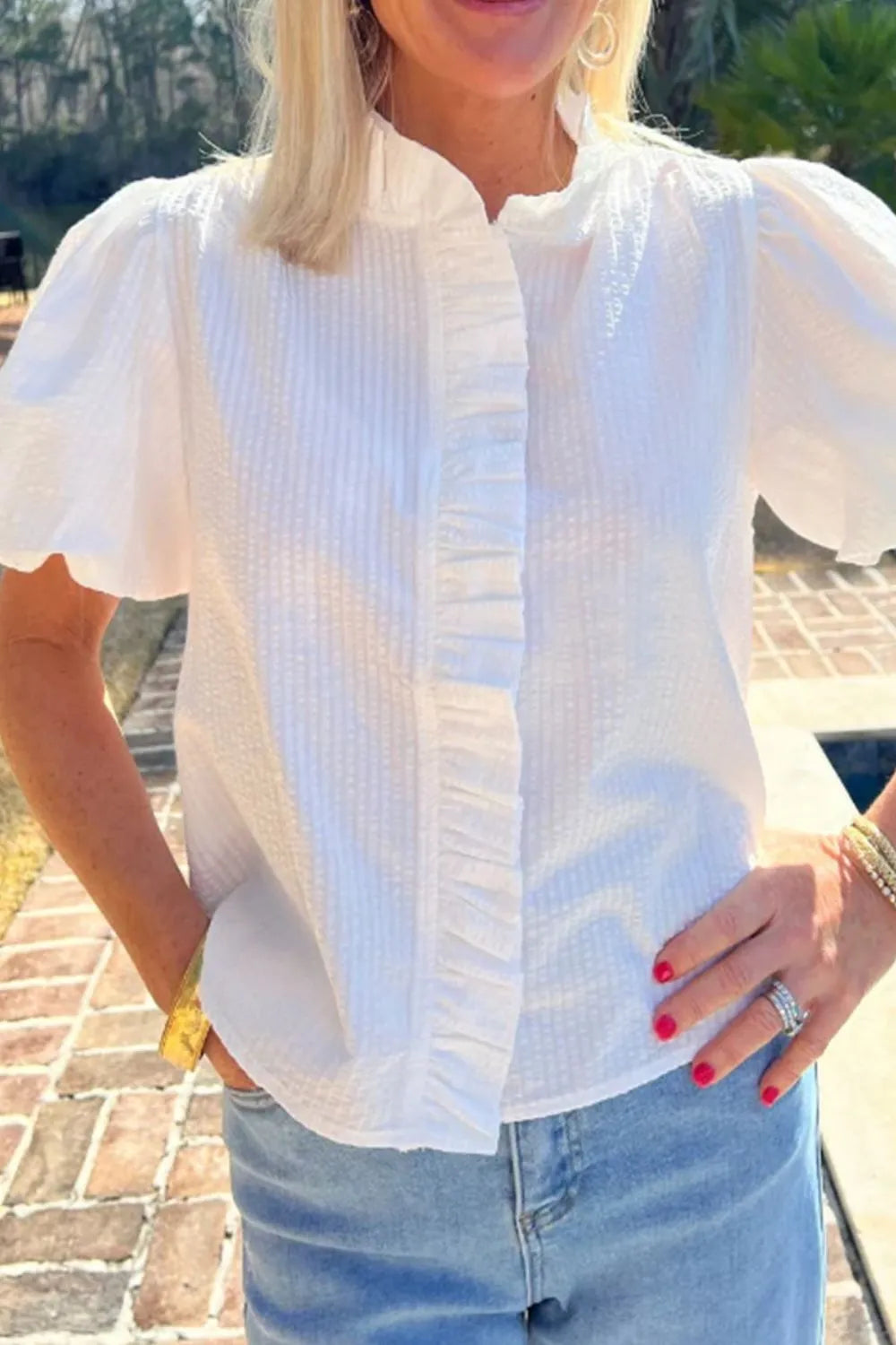 Striped Ruffle Short Bubble Sleeve Shirt