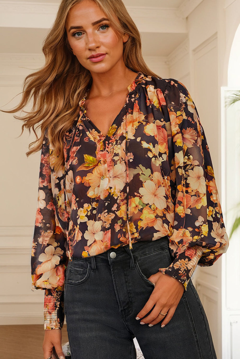 Black Floral V Neck Long Puff Sleeve Breezy Blouse ec978278107aafb1