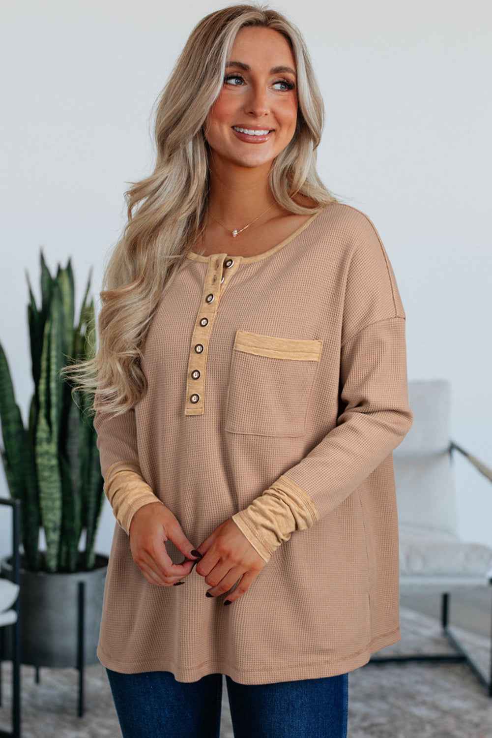 Vineyard Green Waffle Textured Patchwork Tunic Henley Top