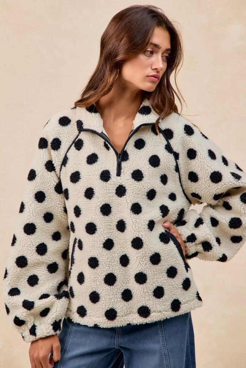 BiBi Polka Dot Sherpa Half Zip Up Top with Side Pocket ed3ddaf4-6158-4455-bcb0-0b23bc851645-Max-Origin