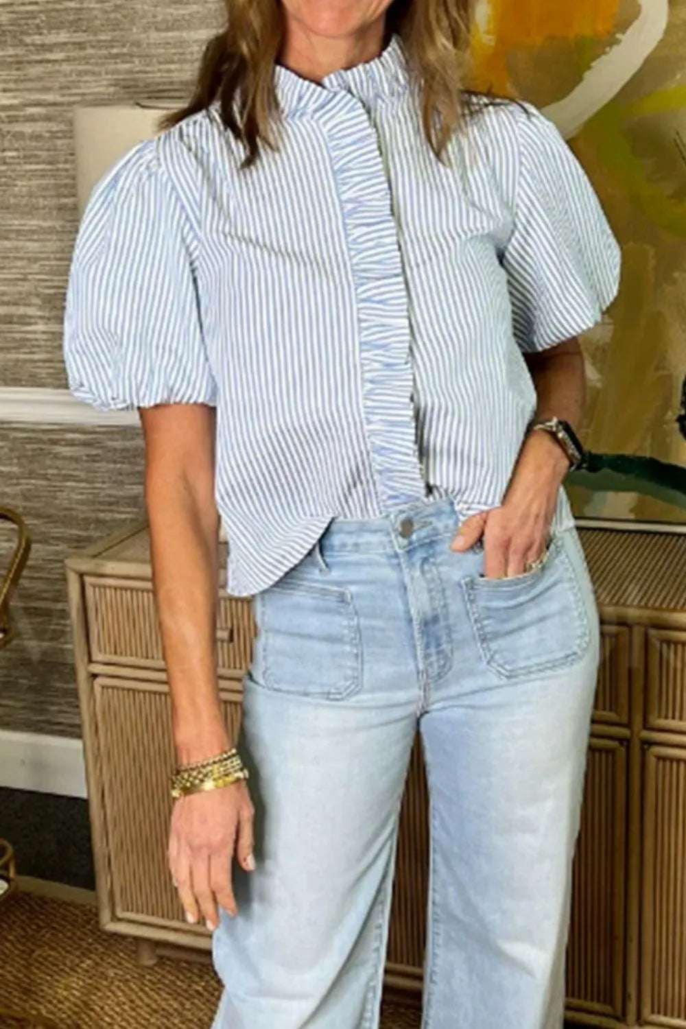 Striped Ruffle Short Bubble Sleeve Shirt