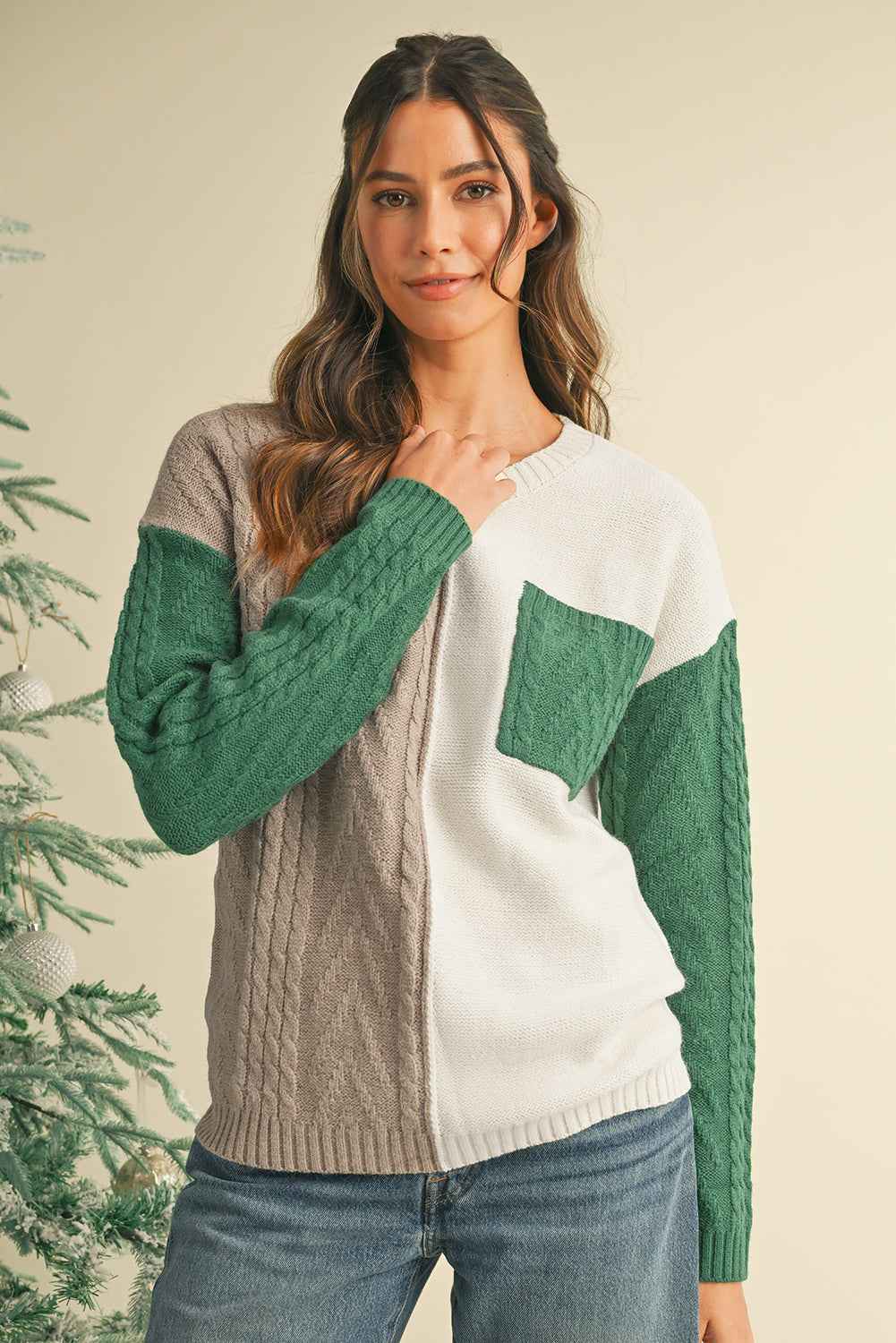 Vineyard Green Colorblock Pocket Drop Shoulder Sweater Vineyard Green 65%Acrylic+35%Polyamide ee05a050efdfb201