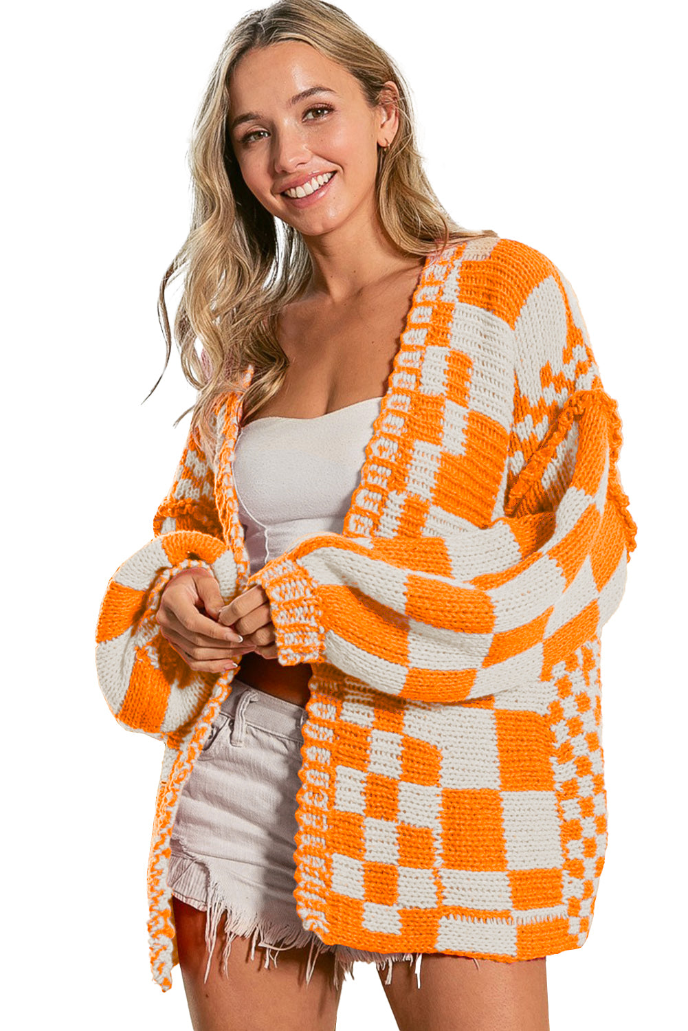 Smoke Gray Colorblock Checked Open Front Knitted Cardigan Citrus 100%Acrylic eea47290fba078a6