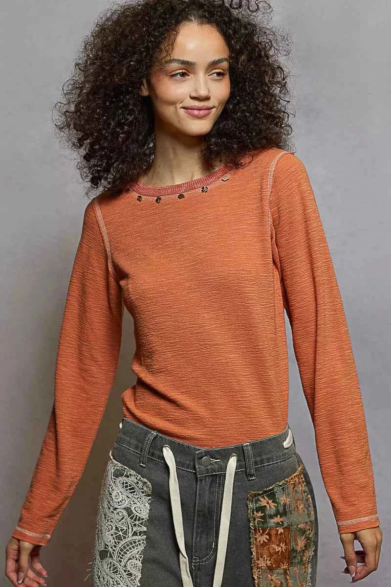 POL Round Neck Long Sleeve Contrast Stitching T-Shirt with Stud Detail DRIED APRICOT eed431d2-bfaf-4dcf-bf12-d0343c6b6ce8-Max-Origin