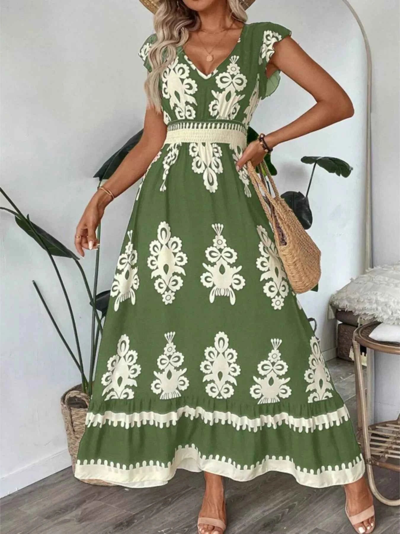 Printed V-Neck Ruffled Cap Sleeve Dress Green ef51e3287db249e99b9df806a8d97c49-Max-Origin